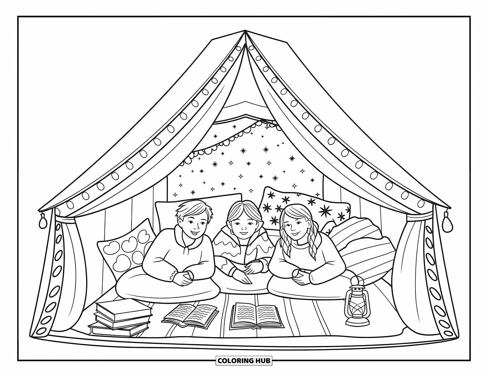 Friendship Coloring Page for Adults: Three friends relax with books in a tent glowing with fairy lights and soft pillows