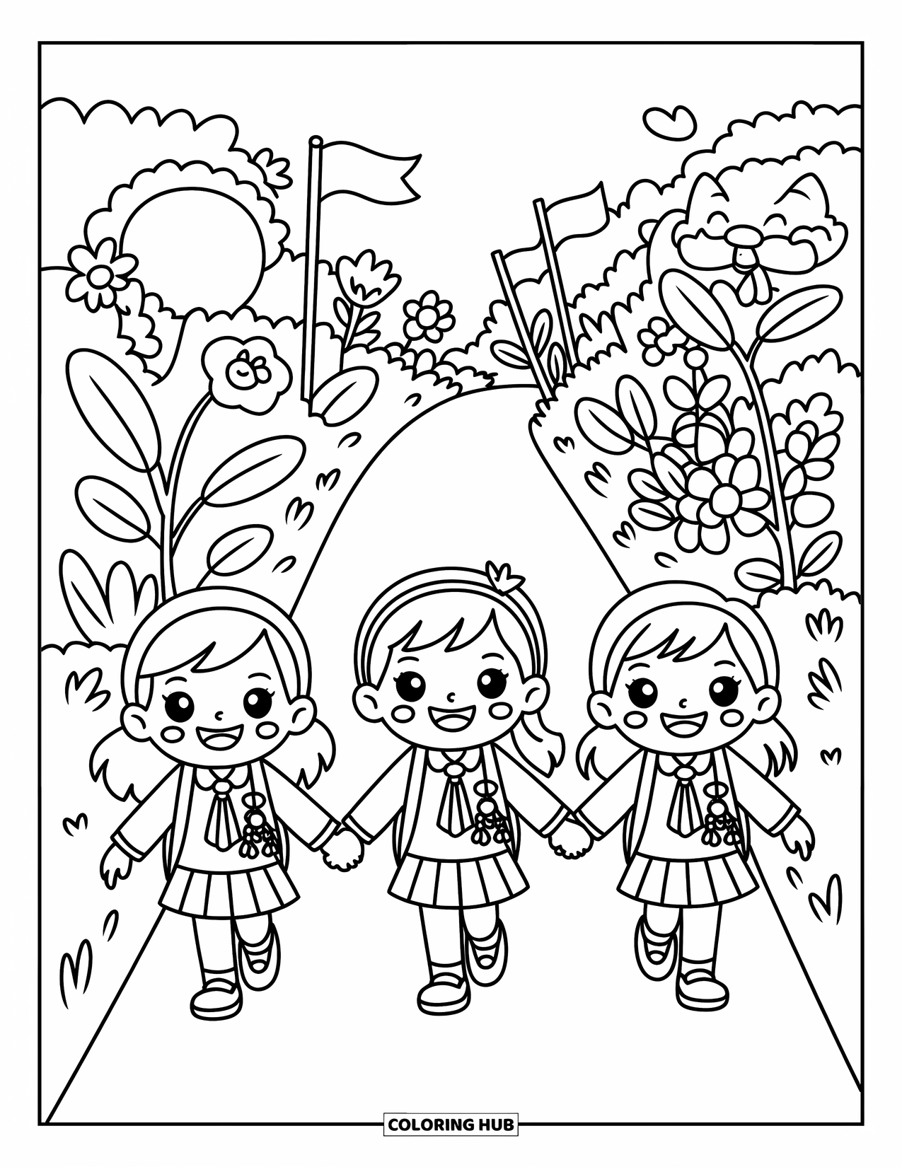 Friendship Coloring Page for Adults: Three kawaii students walk hand-in-hand along a magical path with flags and smiling plants