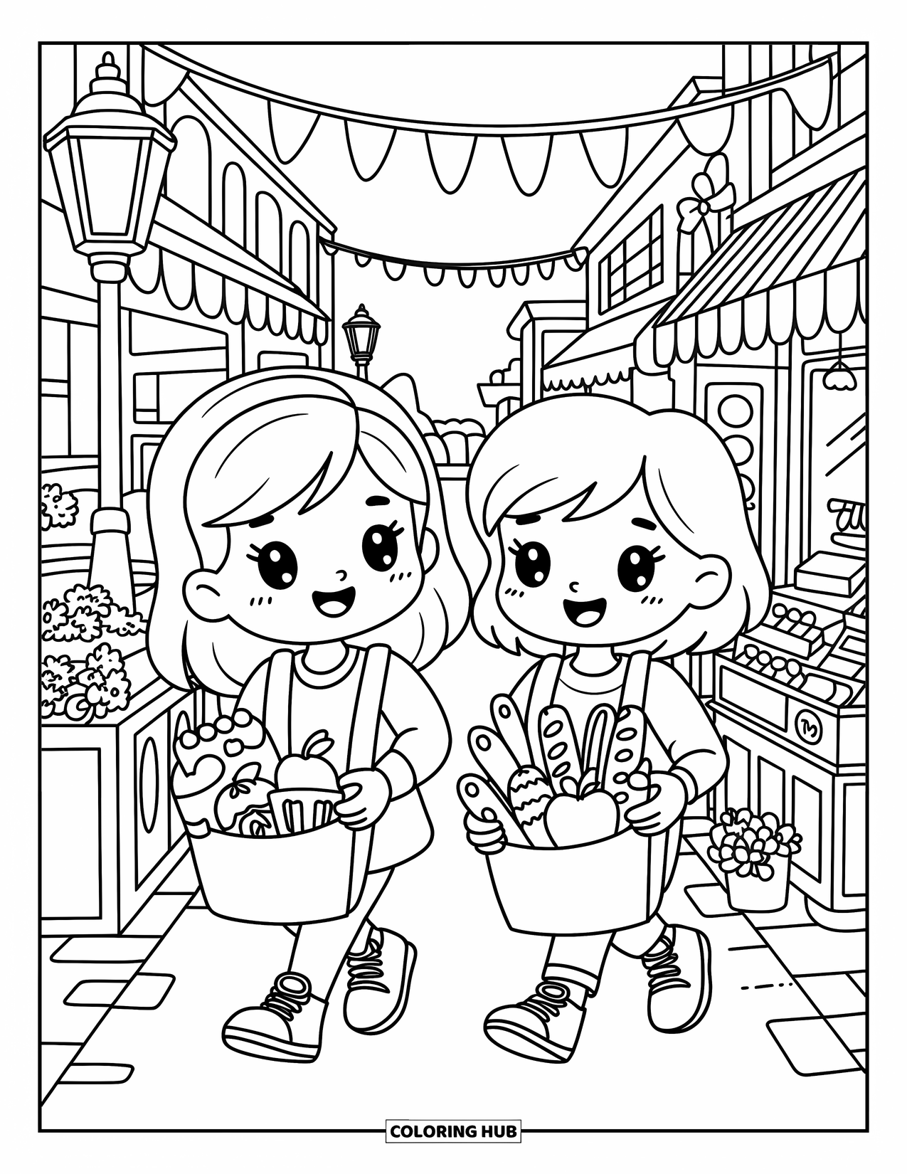 Friendship Coloring Page for Adults: Two best friends stroll through a cozy market with tote bags full of adorable treats