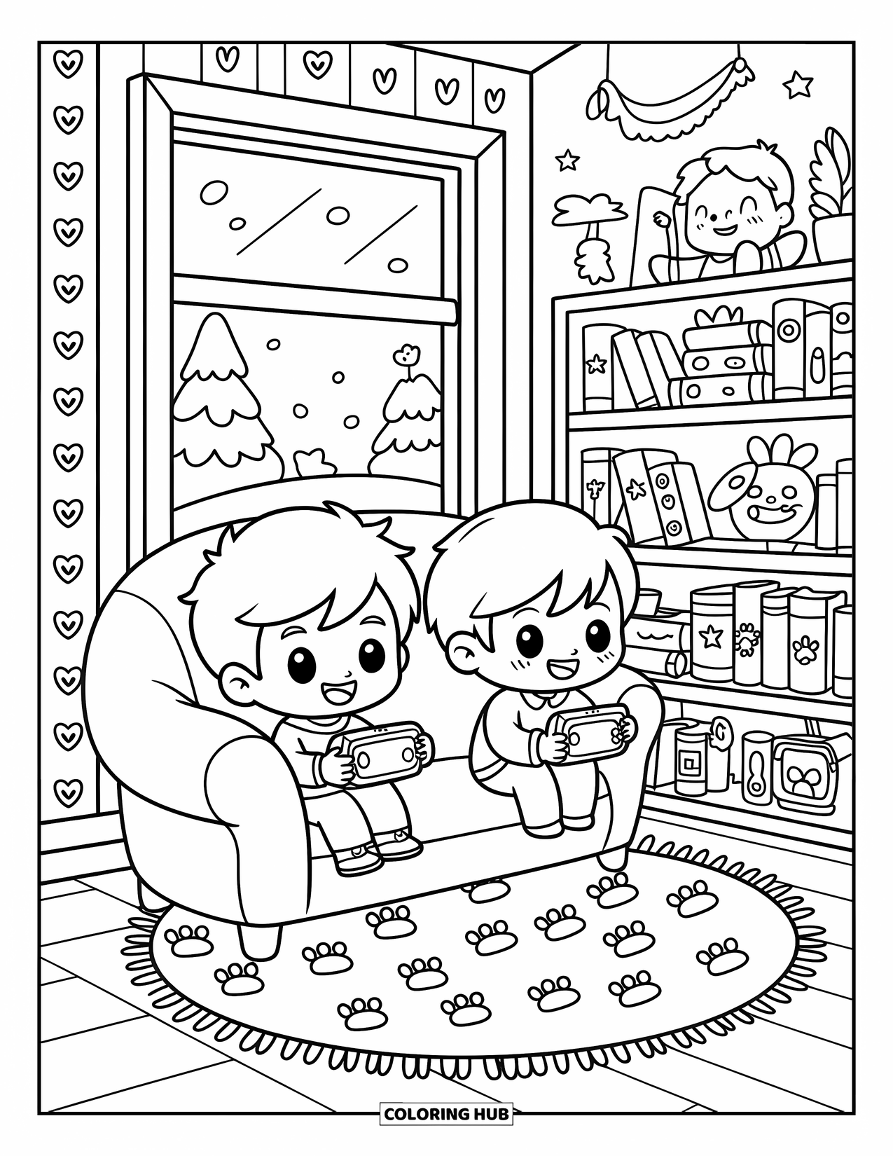Friendship Coloring Page for Adults: Two boys game together in a warm room with snowy views, bookshelves, and floating hearts