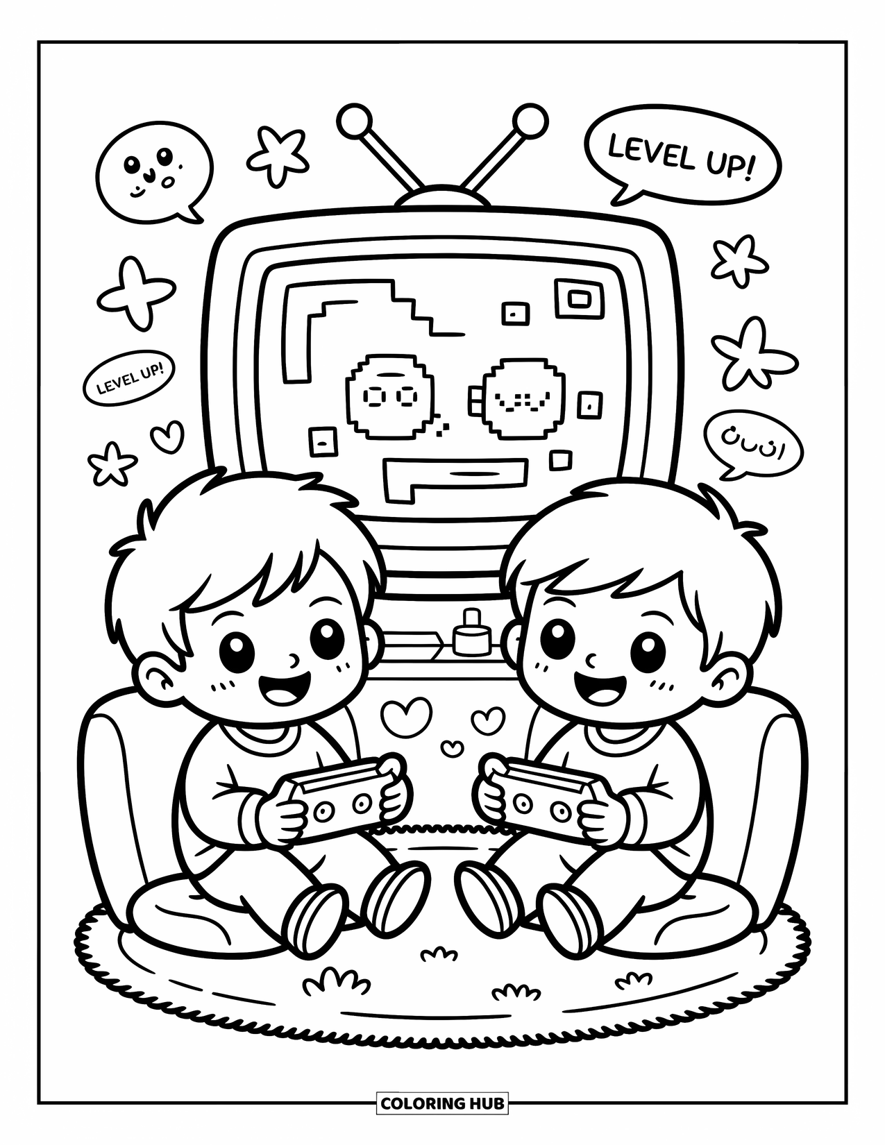 Friendship Coloring Page for Adults: Two boys play video games on a cozy rug surrounded by stars, speech bubbles, and big smiles