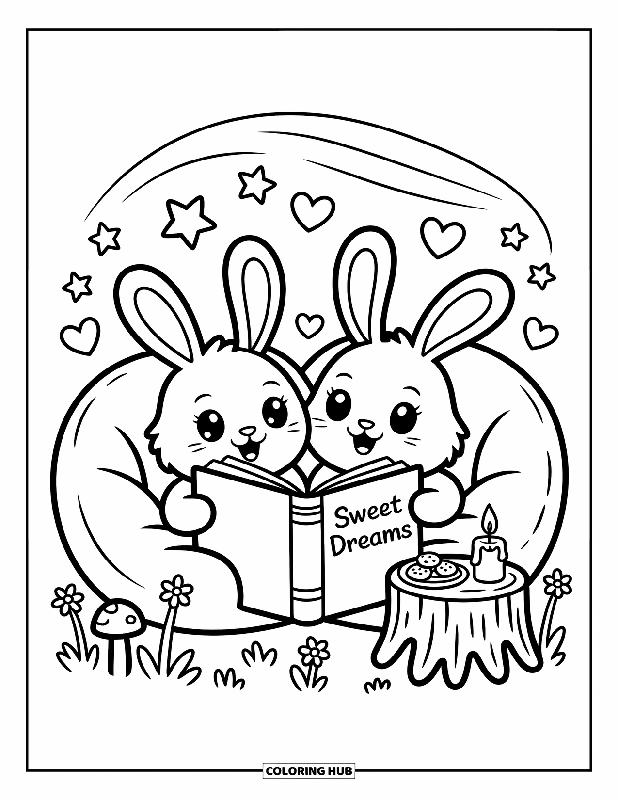 Friendship Coloring Page for Adults: Two bunnies read "Sweet Dreams" in beanbags under stars, with cookies and a candle nearby