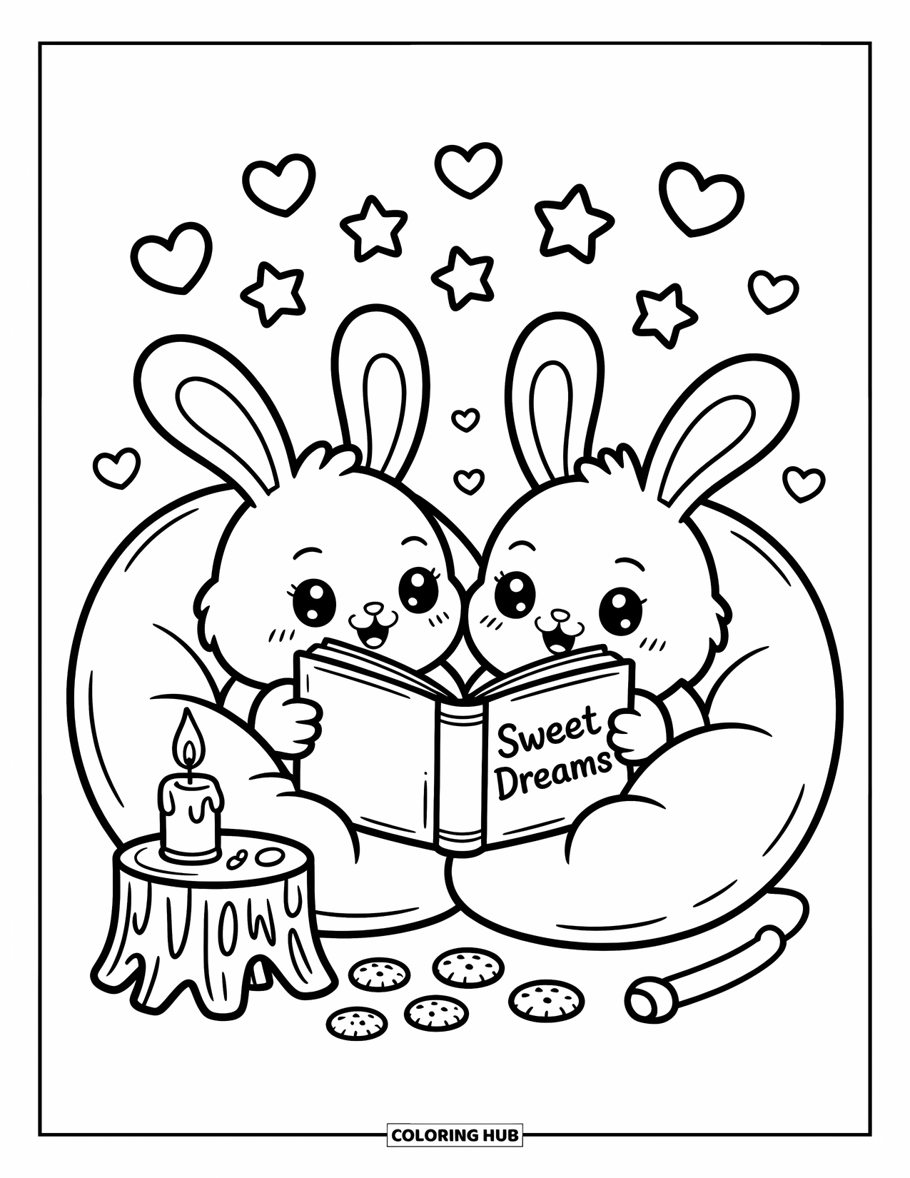 Friendship Coloring Page for Adults: Two bunnies snuggle in beanbags, reading under stars with cookies and a glowing candle