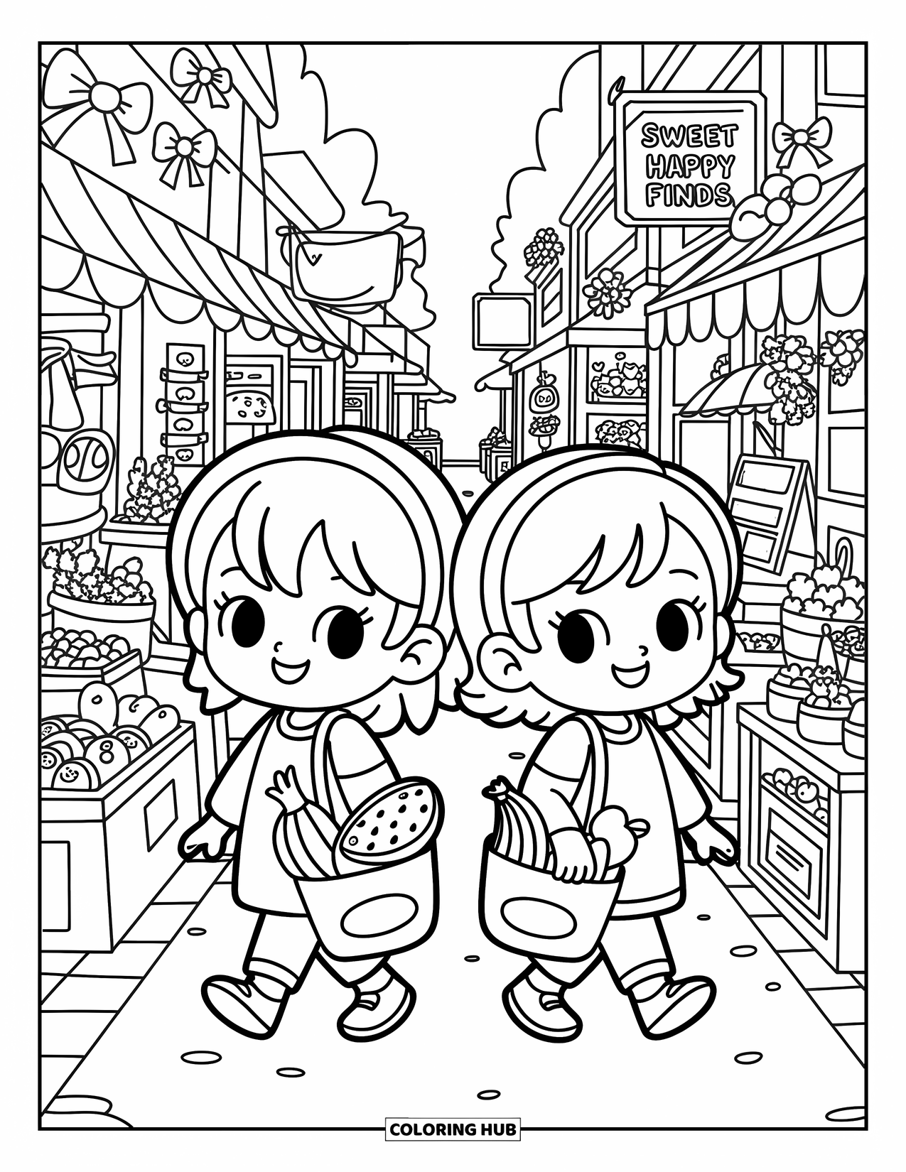 Friendship Coloring Page for Adults: Two cheerful friends explore a busy market with snacks, signs, and ribbon-covered stalls
