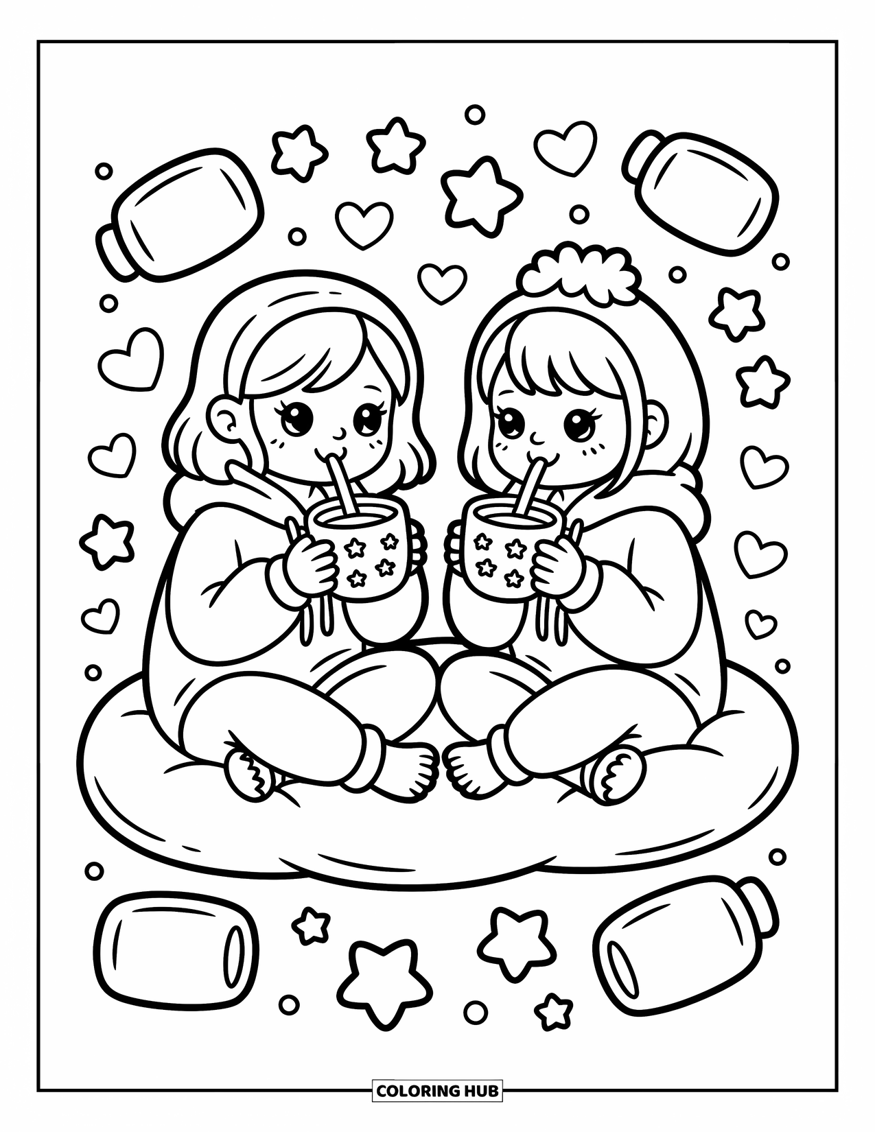 Friendship Coloring Page for Adults: Two cozy girls in hoodies enjoy warm drinks on a fluffy cushion with stars and floating treats