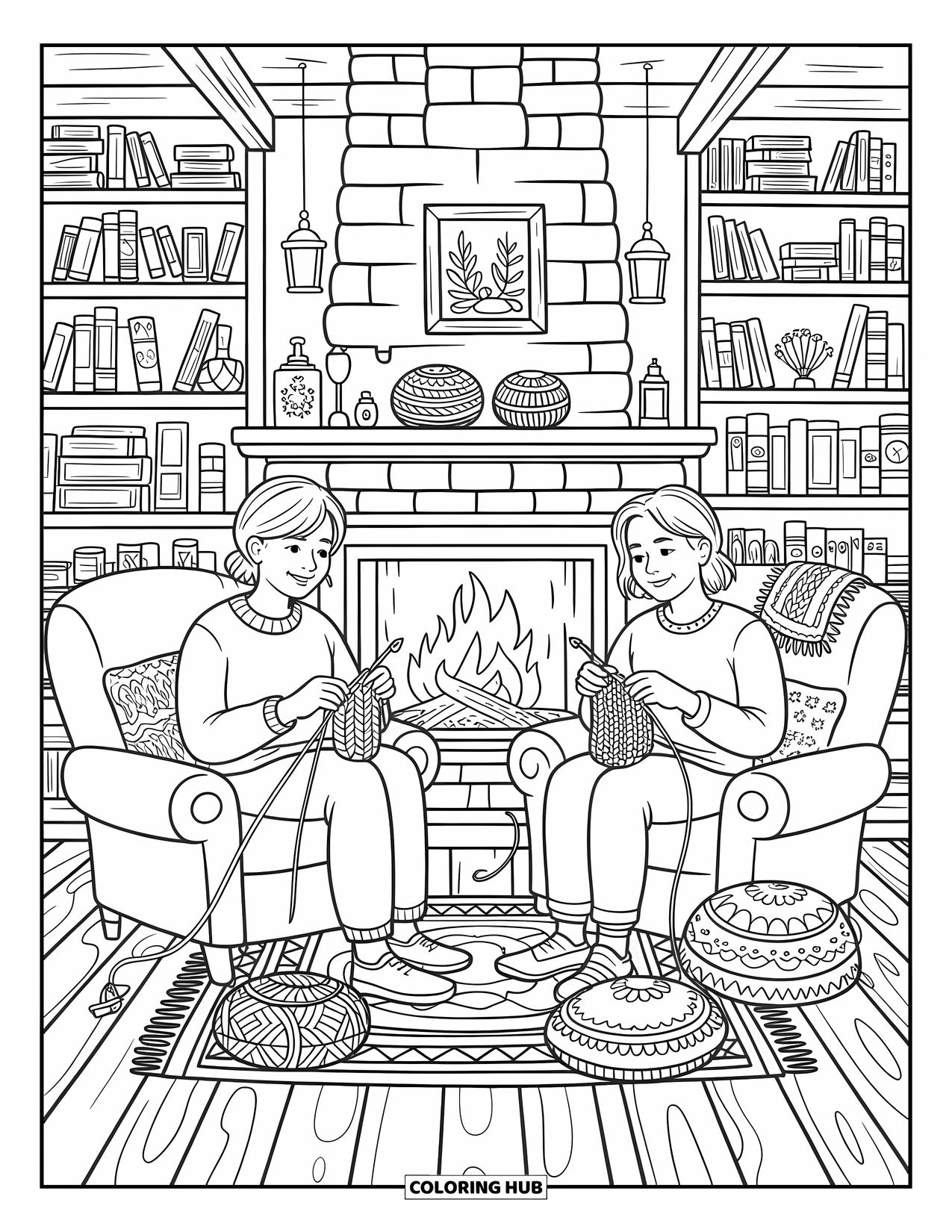 Friendship Coloring Page for Adults: Two friends knit near a fireplace with bookshelves, lanterns, and patterned cushions