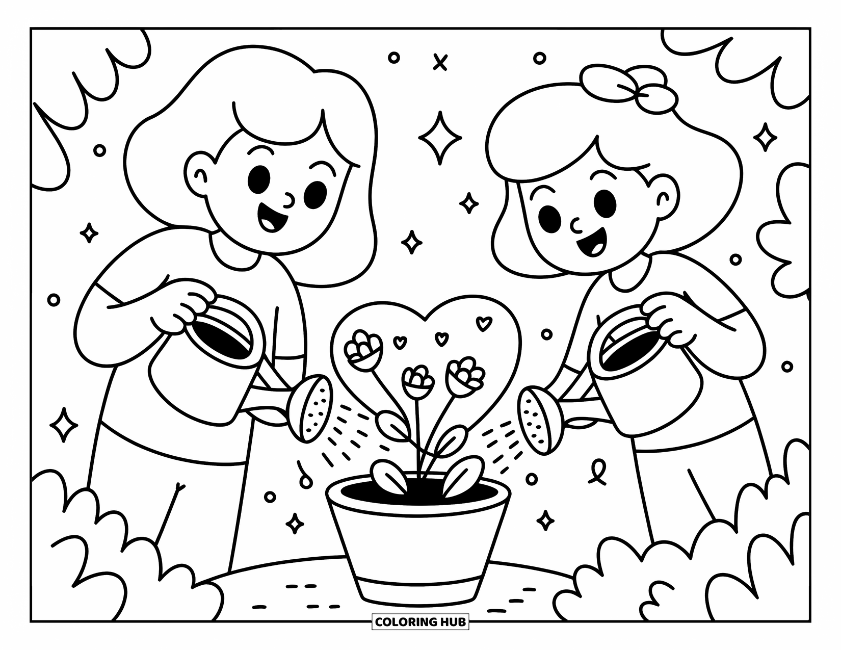 Friendship Coloring Page for Adults: Two friends water a heart-shaped plant, surrounded by sparkles and playful buds