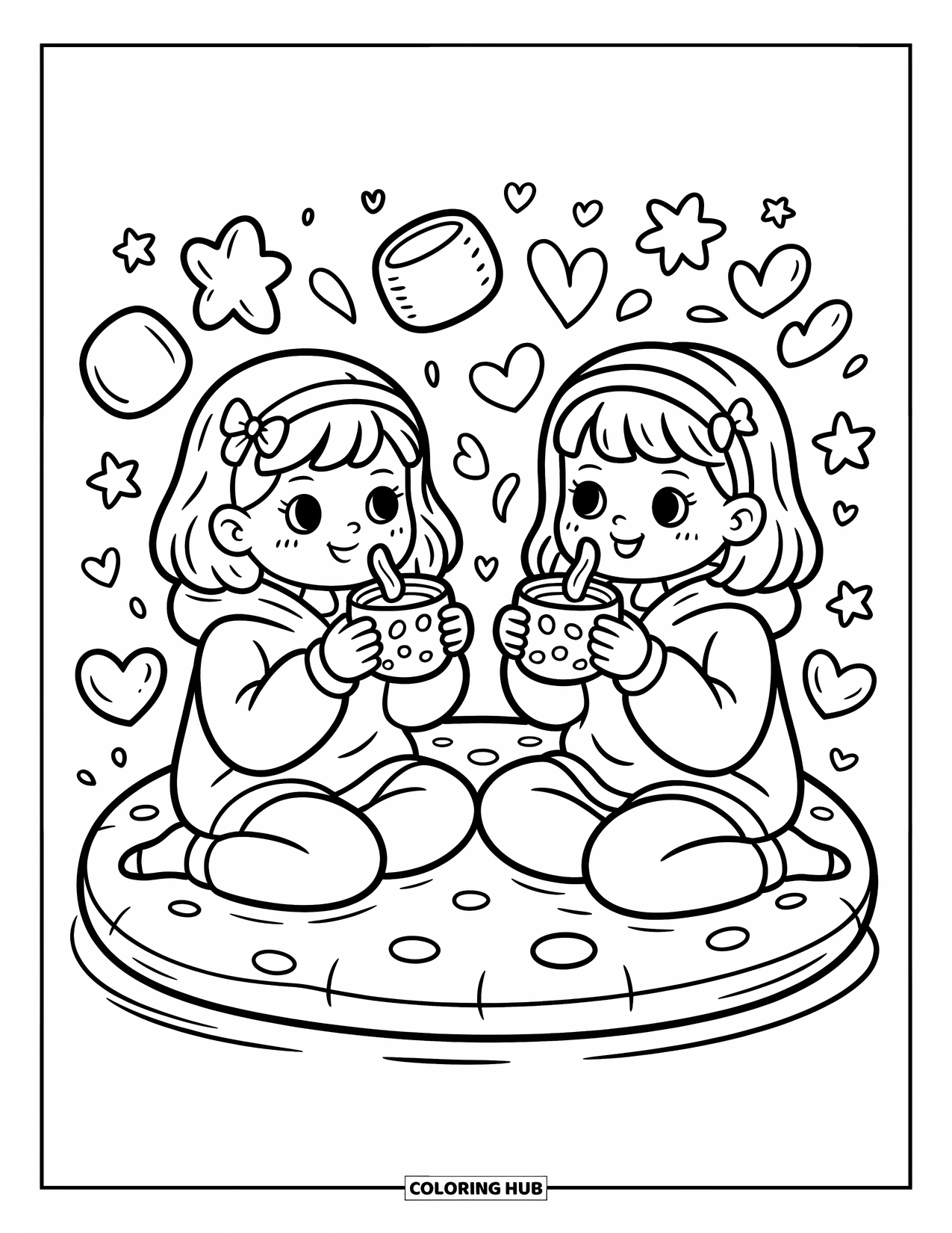 Friendship Coloring Page for Adults: Two girls sip from mugs on a polka-dot cushion, surrounded by marshmallows and stars