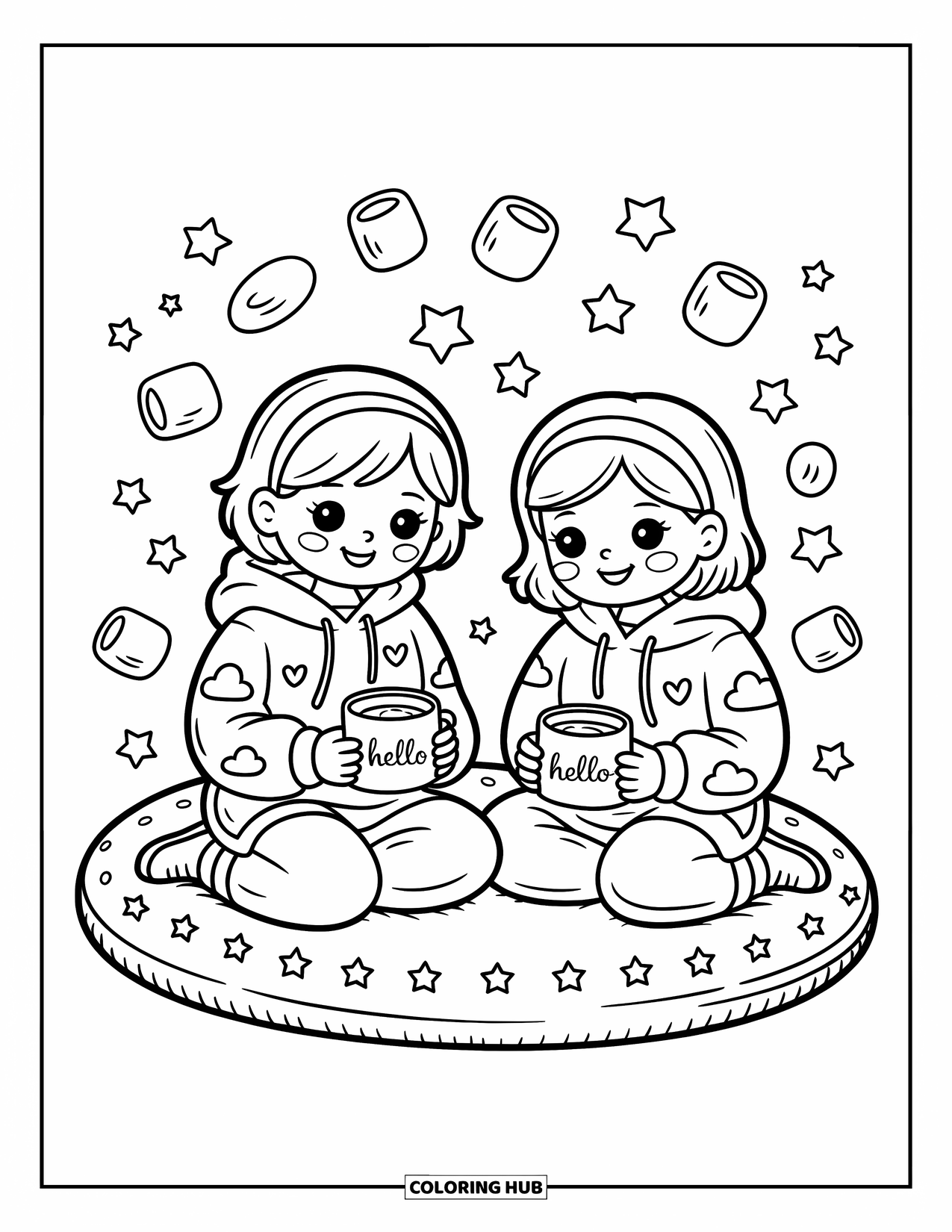 Friendship Coloring Page for Adults: Two girls sit cross-legged on a star cushion, sipping from mugs surrounded by floating marshmallows