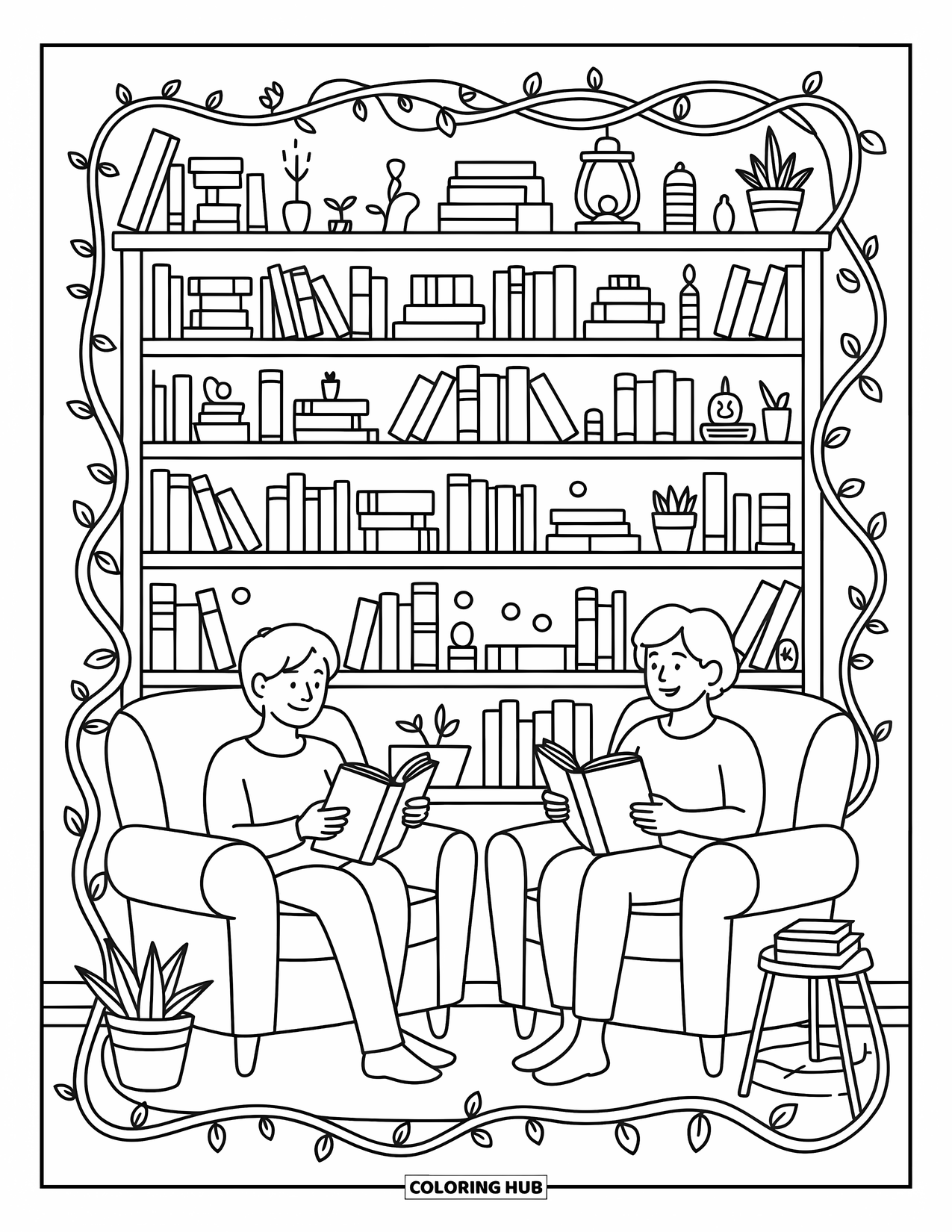 Friendship Coloring Page for Adults: Two readers relax in a cozy nook, surrounded by books, vines, and warm glowing lights