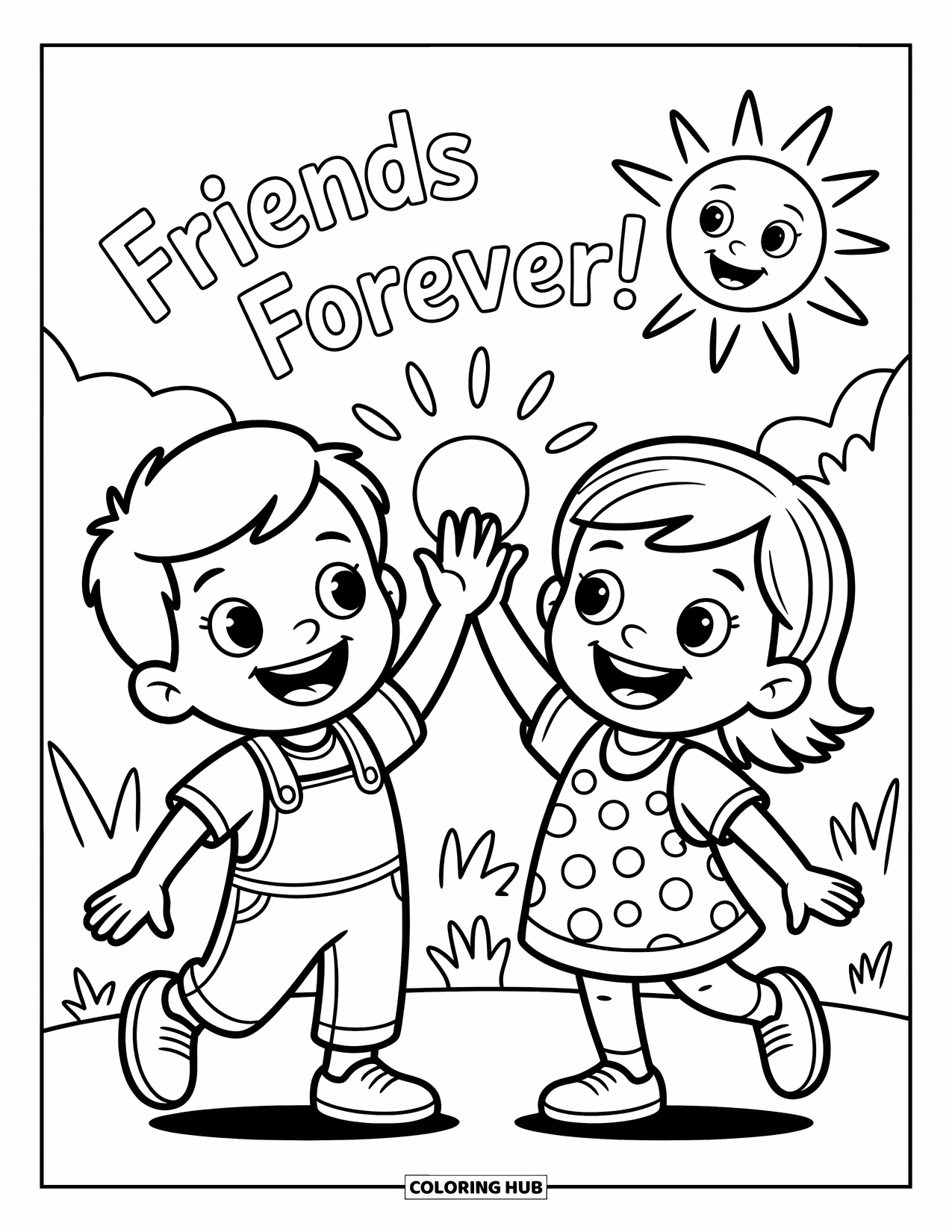 Friendship Coloring Page for Kids: A boy and girl high-five with "Friends Forever!" and a smiling sun above