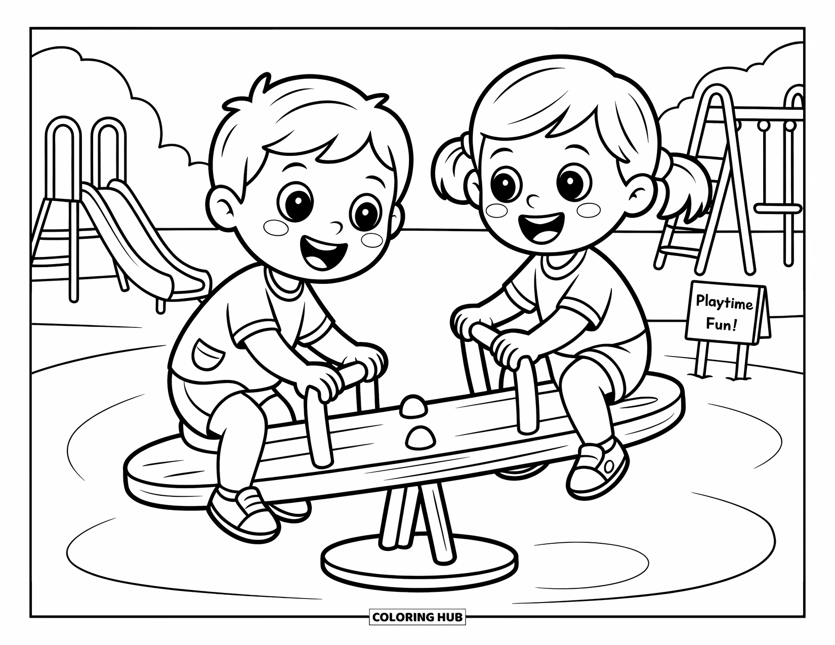 Friendship Coloring Page for Kids: A boy and girl play on a see-saw in a sunny park with big, friendly smiles