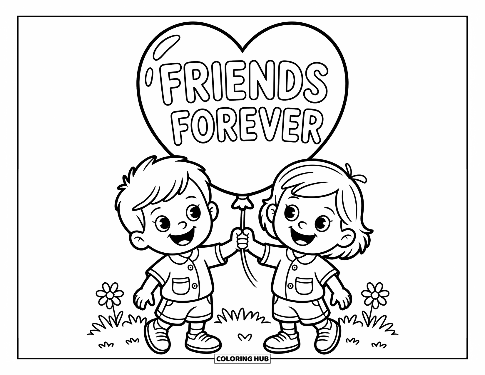 Friendship Coloring Page for Kids: A boy and girl smile with a heart balloon that says "Friends Forever" above daisies