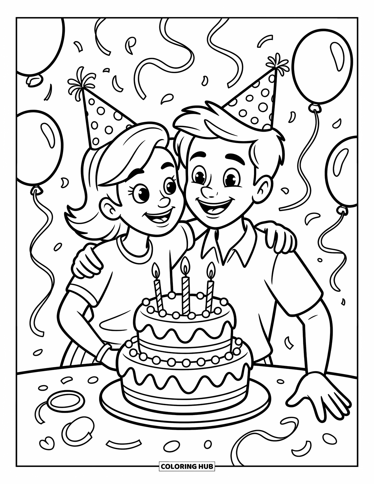 Friendship Coloring Page for Kids: A joyful birthday moment as two teens share smiles and a frosted cake