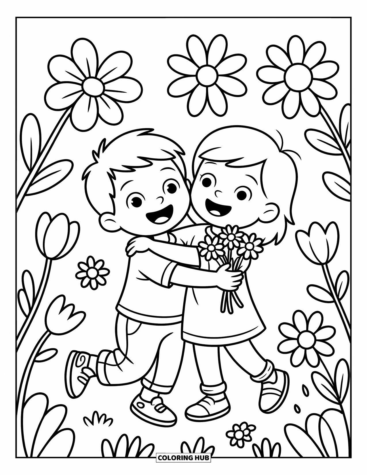 Friendship Coloring Page for Kids: A joyful hug in a meadow, with blooming flowers and a girl holding a bouquet