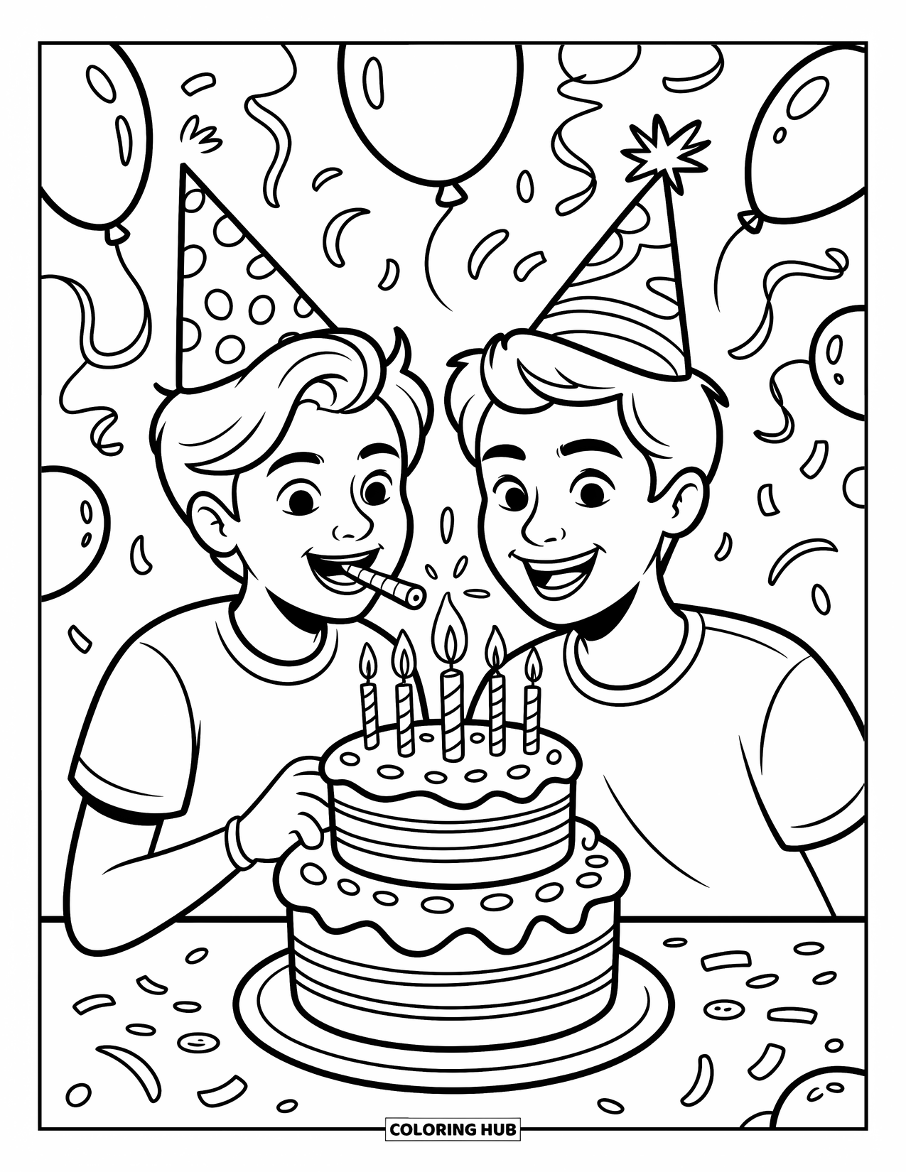 Friendship Coloring Page for Kids: Best friends celebrate with party hats, cake, and a swirl of balloons and confetti
