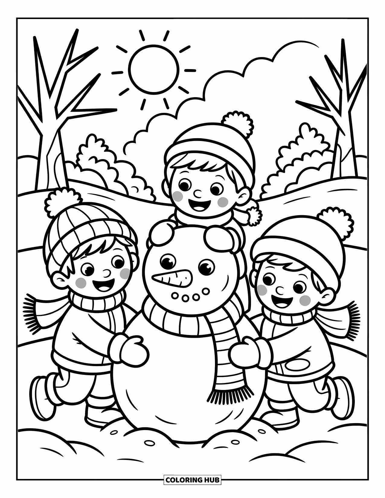 Friendship Coloring Page for Kids: Bundled-up kids decorate a snowman with scarves, hats, and big smiles