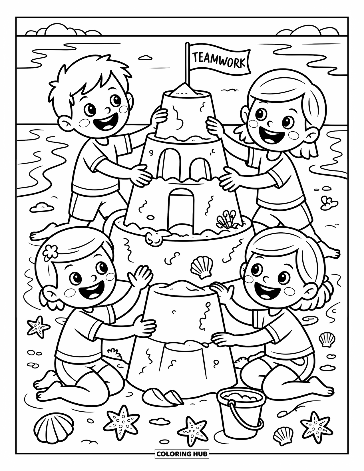 Friendship Coloring Page for Kids: Children shape towers and dig moats together under a bright sun that says "TEAMWORK"
