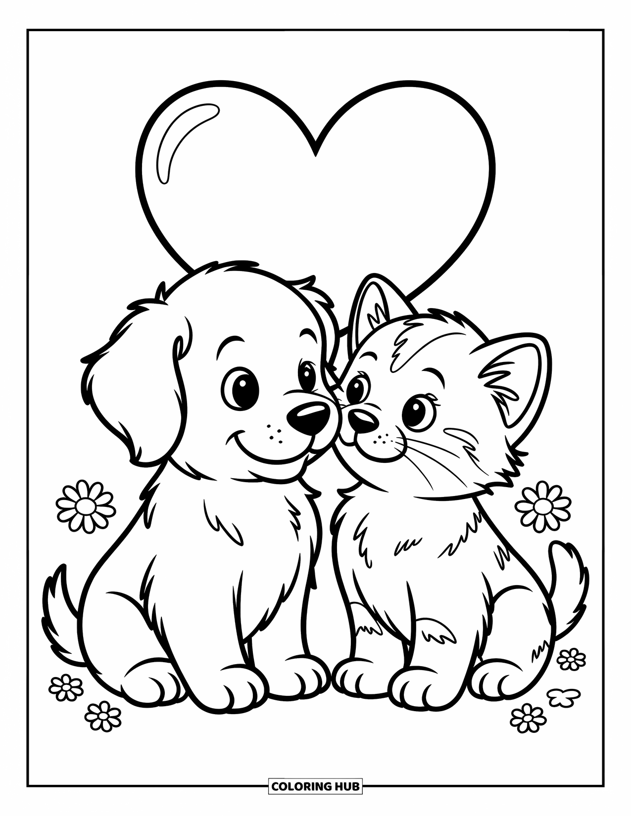 Friendship Coloring Page for Kids: Dog and cat sit nose-to-nose with a heart above and daisies around their paws