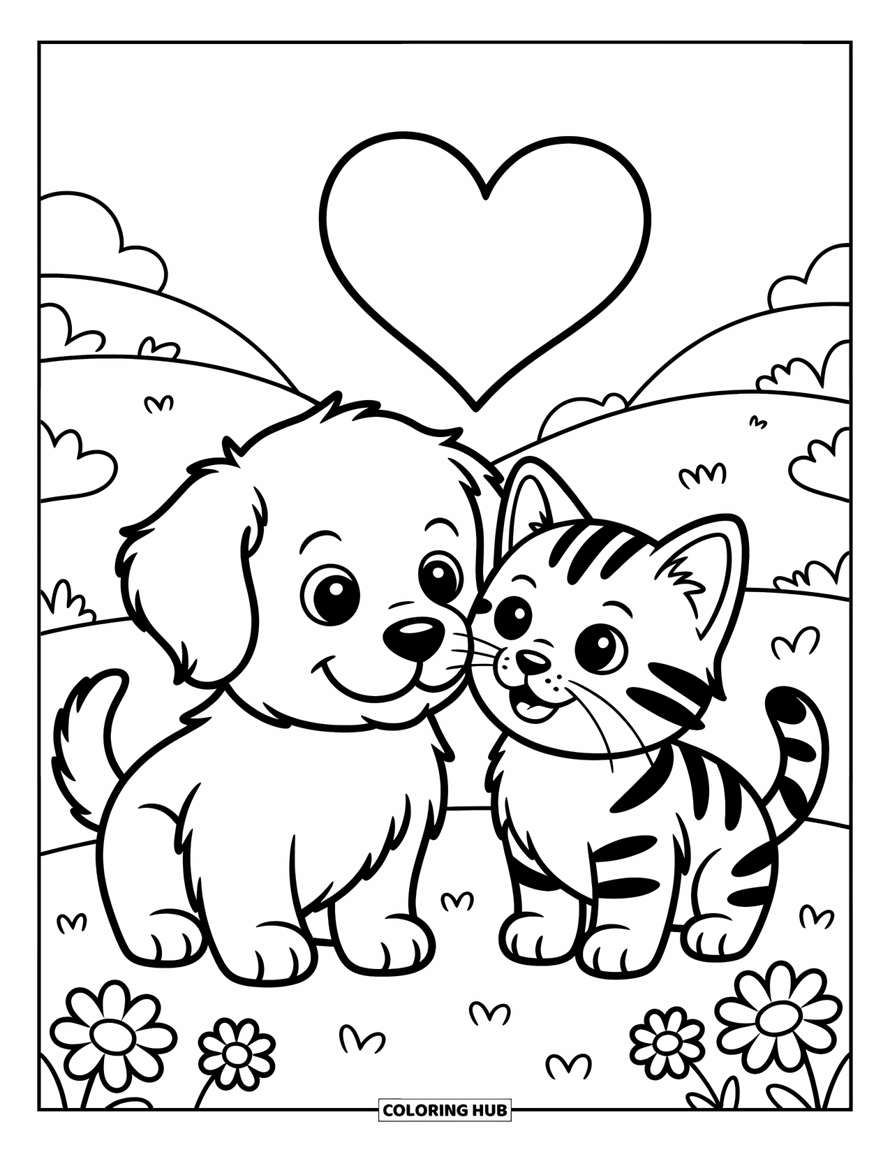 Friendship Coloring Page for Kids: Fluffy friends smile under a heart with hills, daisies, and a peaceful background