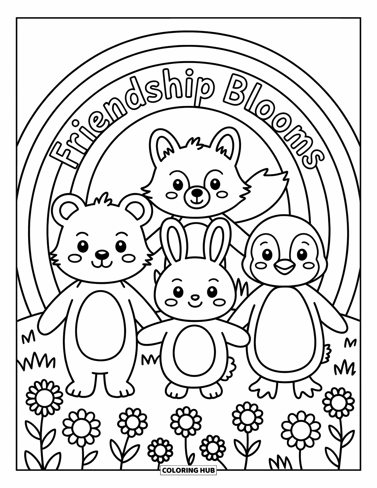 Friendship Coloring Page for Kids: Four animal friends hold hands under a rainbow with flowers, sunshine, and a "Friendship Blooms" banner