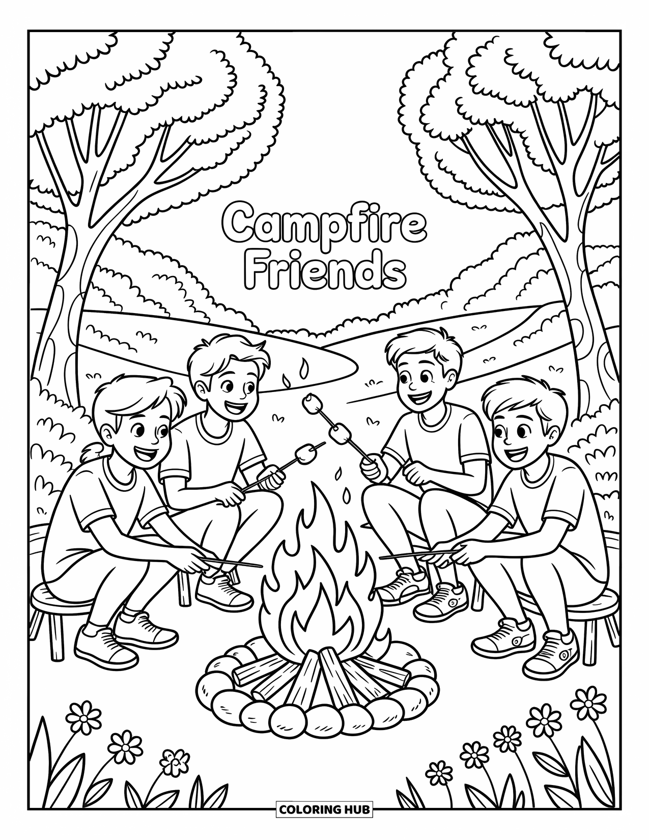 Friendship Coloring Page for Kids: Four friends roast marshmallows around a campfire, laughing under trees and stars