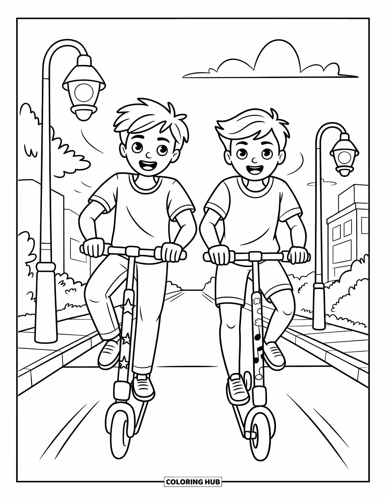 Friendship Coloring Page for Kids: Friends glide down the sidewalk on scooters, laughing under trees and swirling clouds