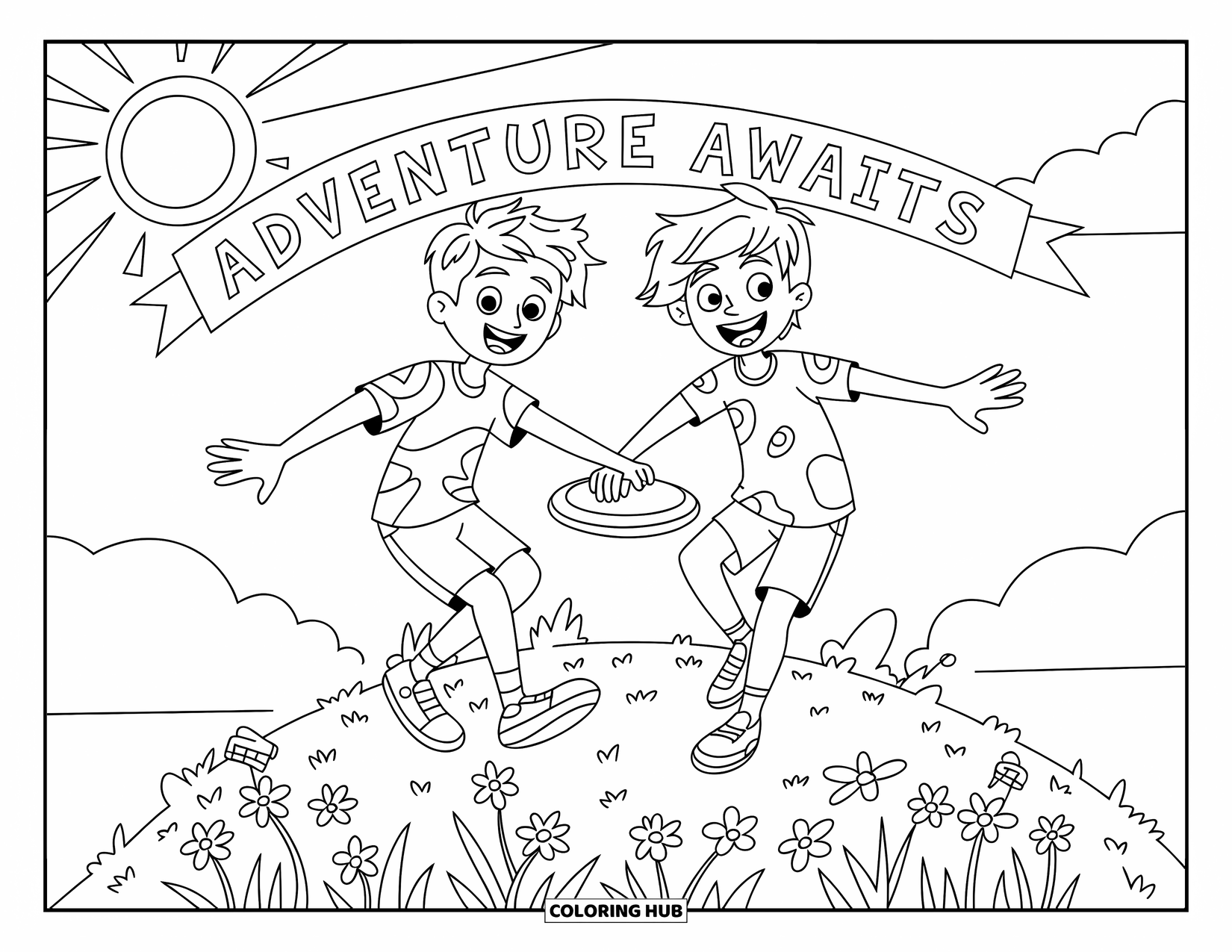 Friendship Coloring Page for Kids: Friends hike up a hill together with flowers, clouds, and a frisbee in hand