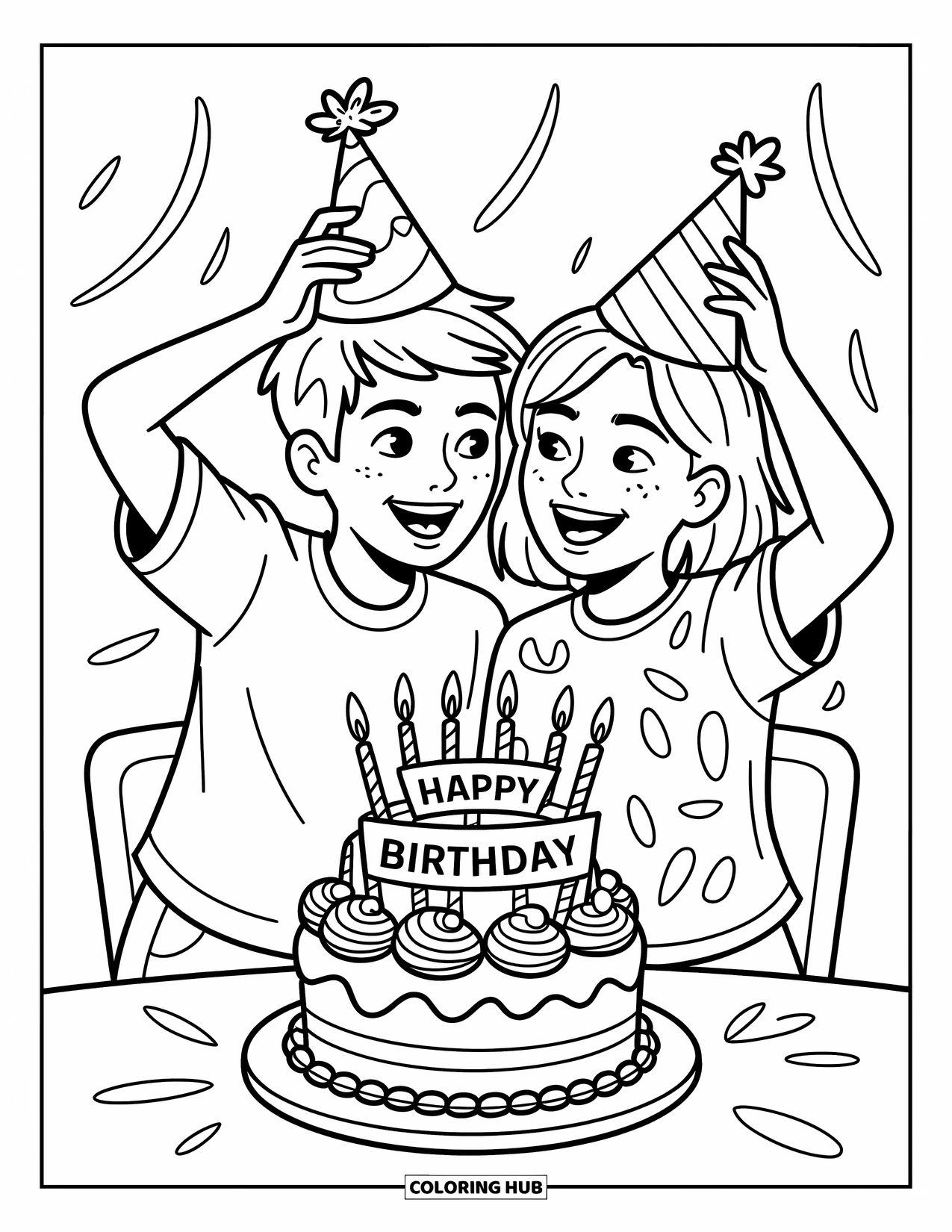 Friendship Coloring Page for Kids: Friends laugh and cheer while one places a party hat on the other's head