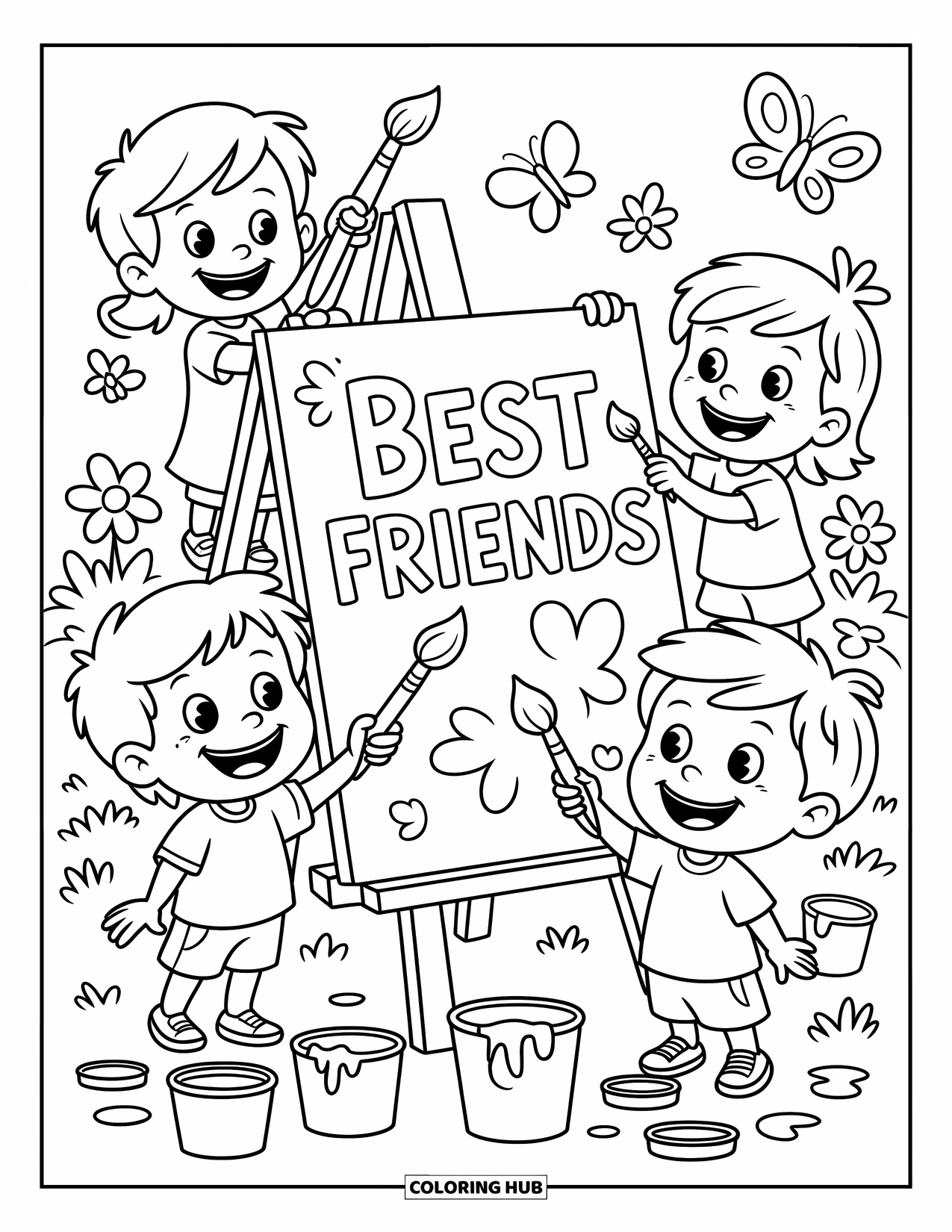 Friendship Coloring Page for Kids: Friends paint a big sign in the yard, surrounded by flowers and butterflies