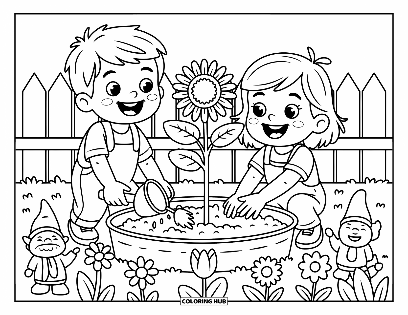 Friendship Coloring Page for Kids: Happy kids plant a sunflower seedling with garden gnomes and blooming flowers around