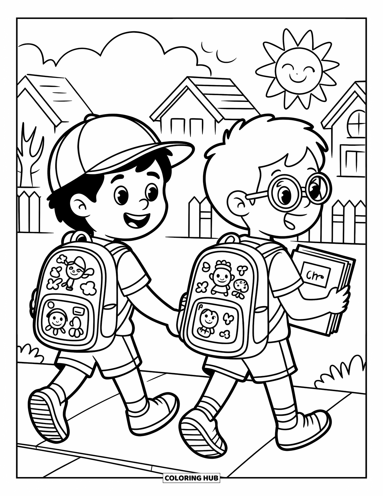 Friendship Coloring Page for Kids: Happy kids walk side by side past houses, trees, and a picket fence