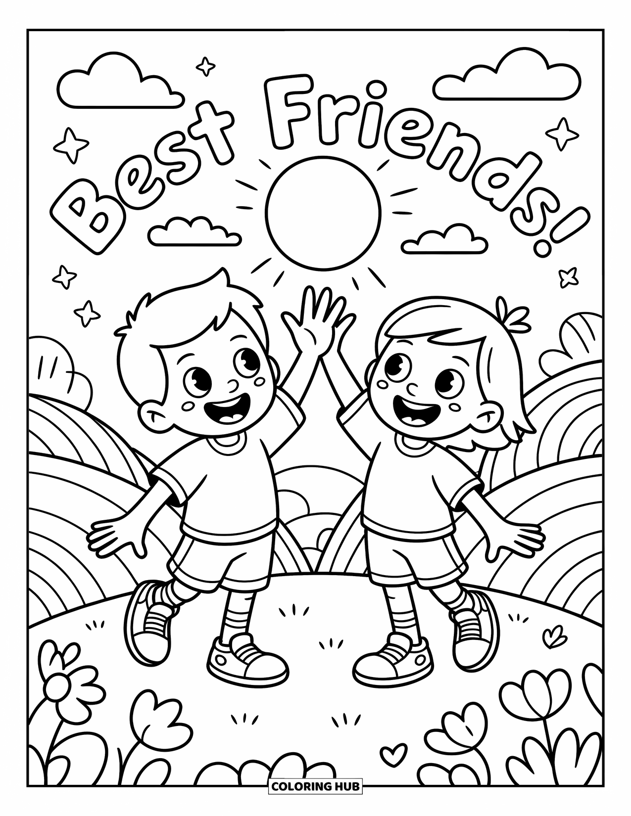 Friendship Coloring Page for Kids: Kids high-five in a sunny field with flowers, clouds, and cheerful grins