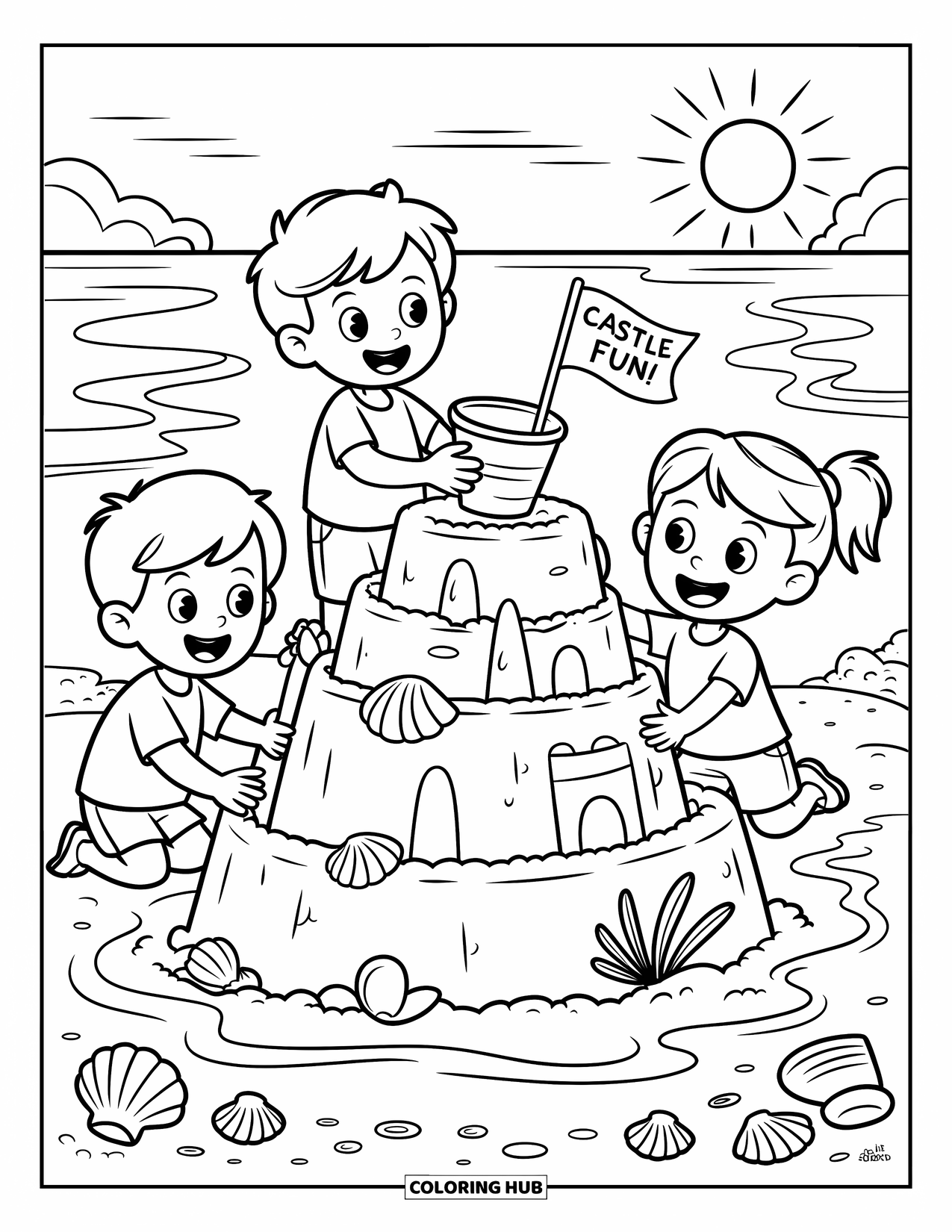 Friendship Coloring Page for Kids: Kids mold a fun sandcastle, adding shells and flags beside calm waves