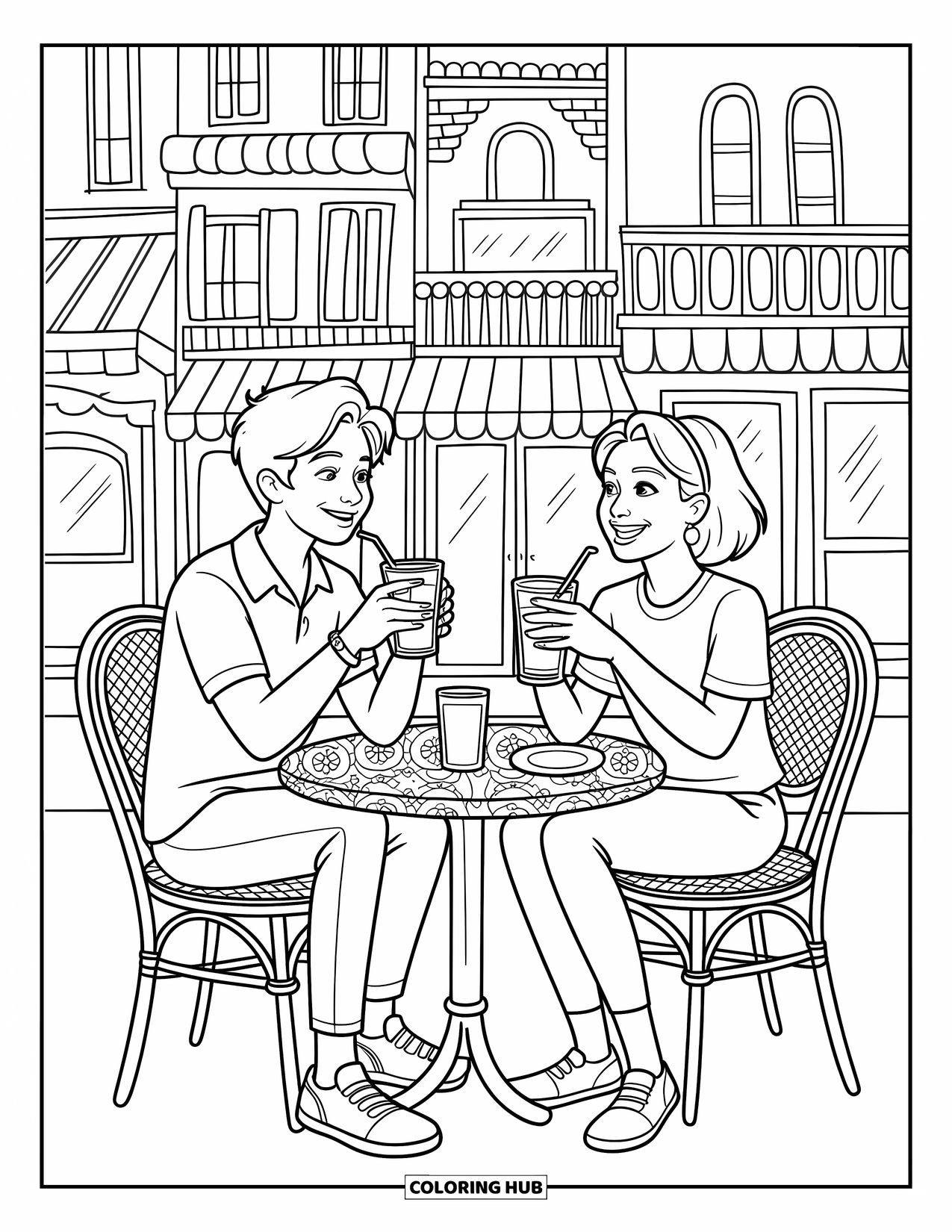 Friendship Coloring Page for Kids: Laughing friends sip iced drinks at a street café with fun chairs and patterned clothes