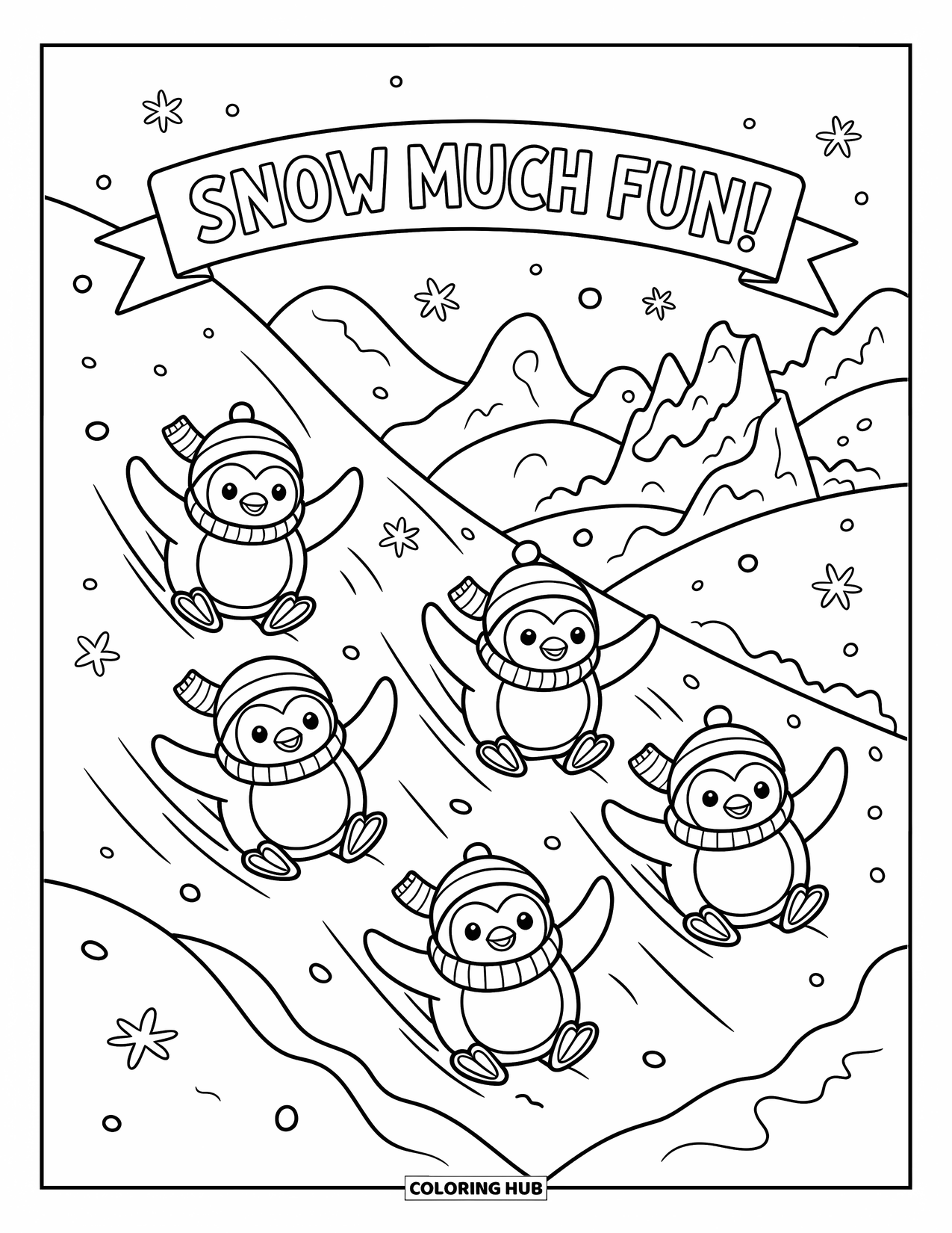 Friendship Coloring Page for Kids: Penguin chicks slide joyfully down a snowy slope near an ice castle and banner