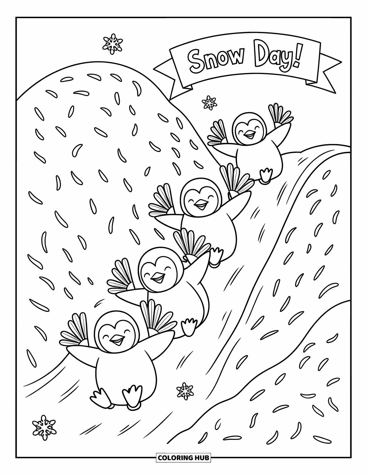 Friendship Coloring Page for Kids: Penguin pals belly-slide on snow under a "SNOW DAY!" banner with happy faces