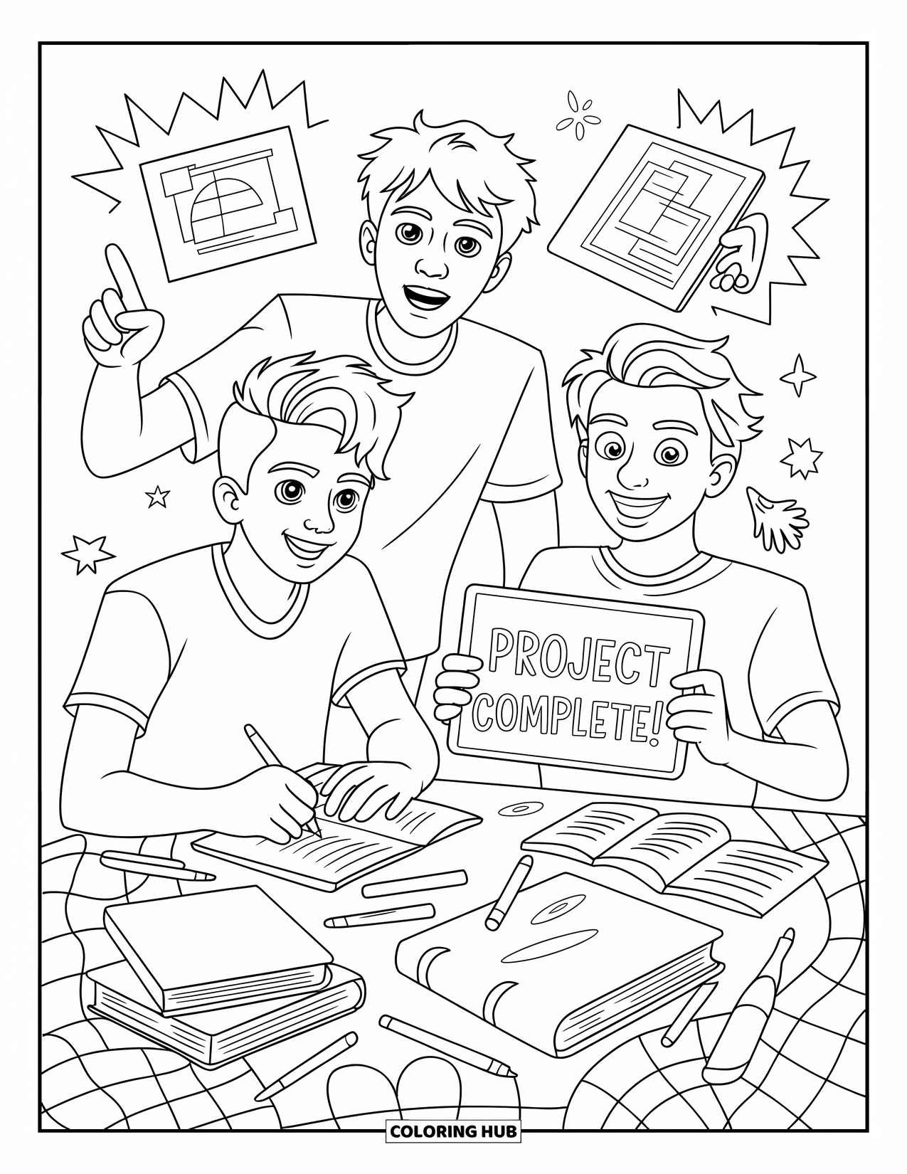 Friendship Coloring Page for Kids: Project time with friendssketching, typing, and learning together around a busy desk