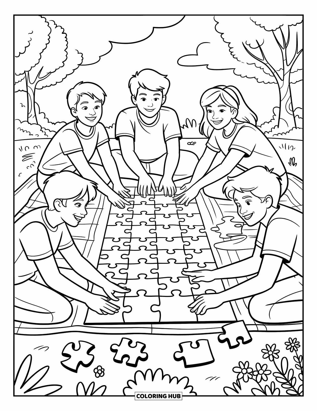 Friendship Coloring Page for Kids: Puzzle pieces scatter as friends fit them together under trees and sunshine