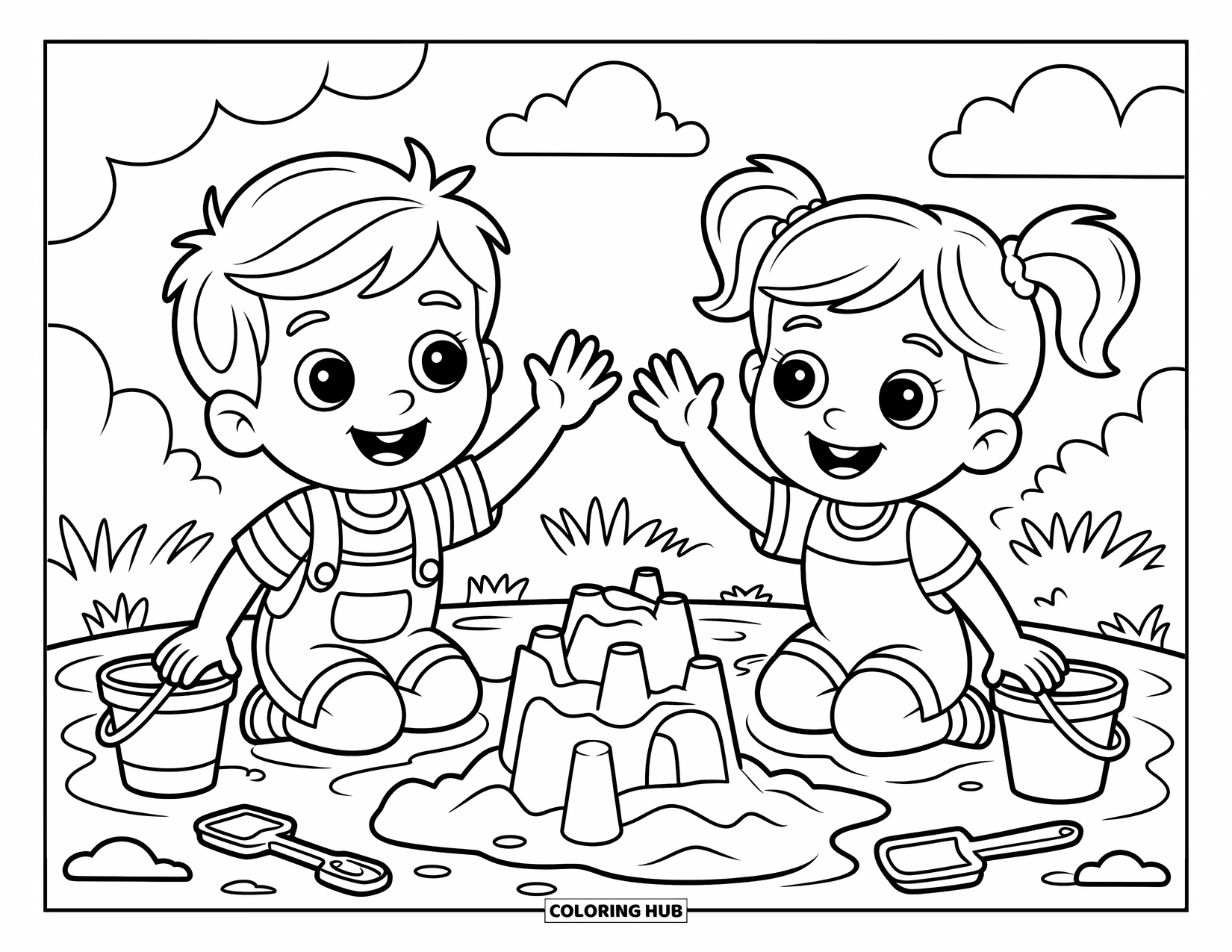 Friendship Coloring Page for Kids: Sandbox fun as two kids wave across toys, castles, and puffy clouds