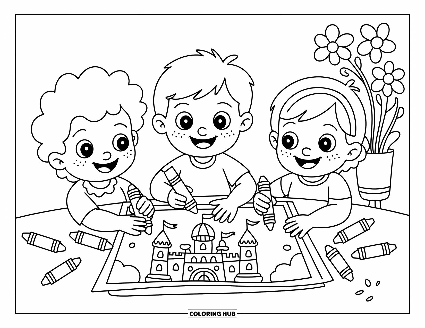 Friendship Coloring Page for Kids: Smiling kids draw with crayons, surrounded by flowers and bright little details