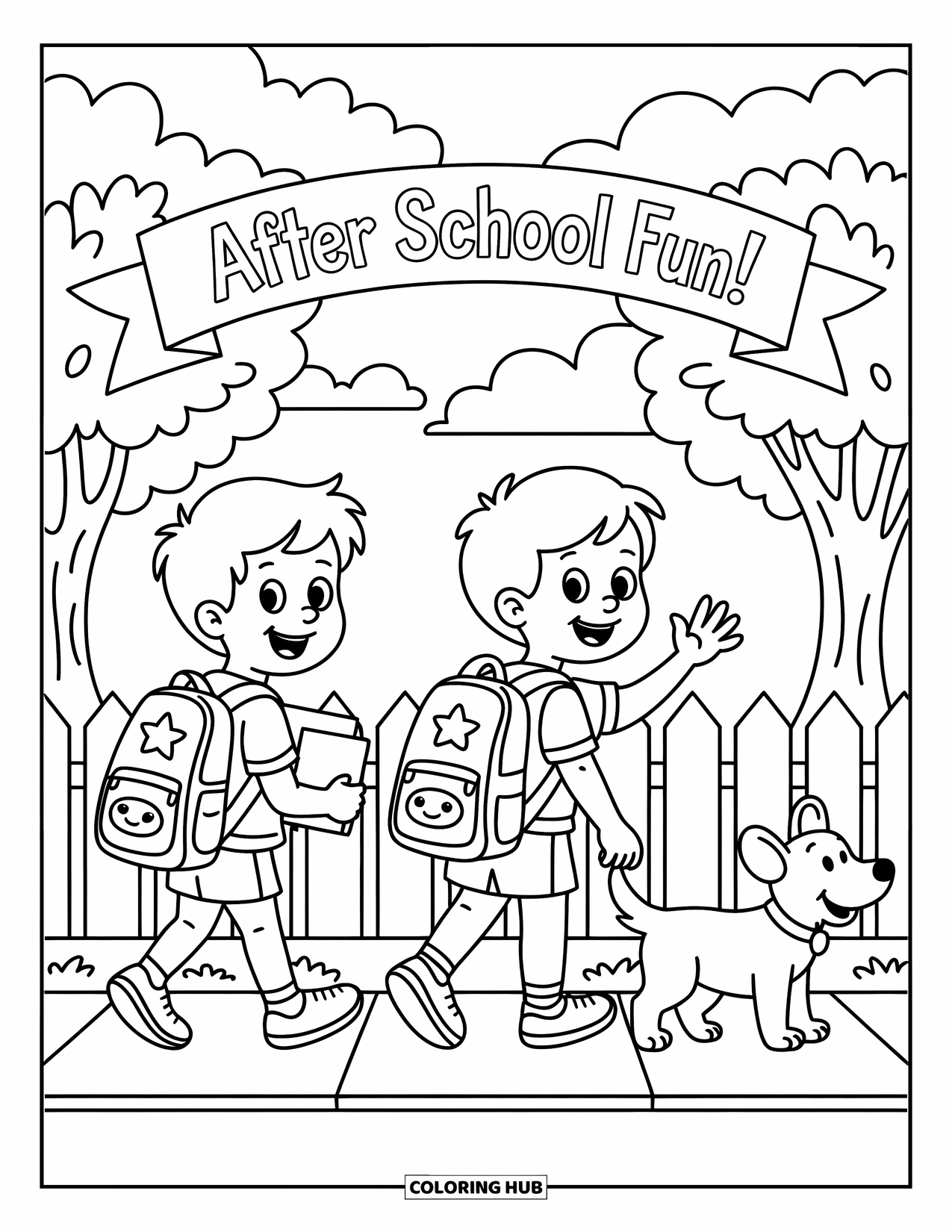 Friendship Coloring Page for Kids: Smiling students stroll home, waving and chatting under a friendly "After School Fun!" sign
