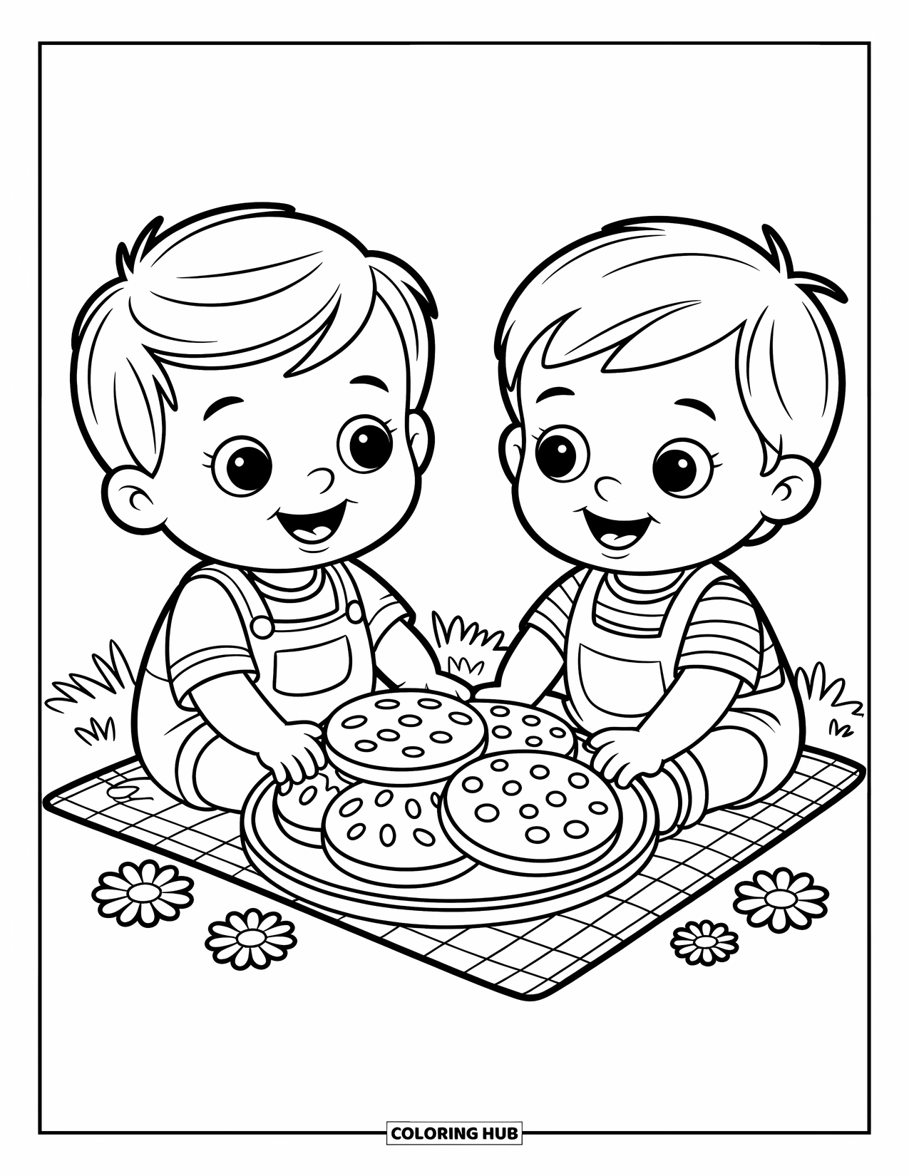 Friendship Coloring Page for Kids: Smiling toddlers snack on cookies with stars and hearts, surrounded by daisies