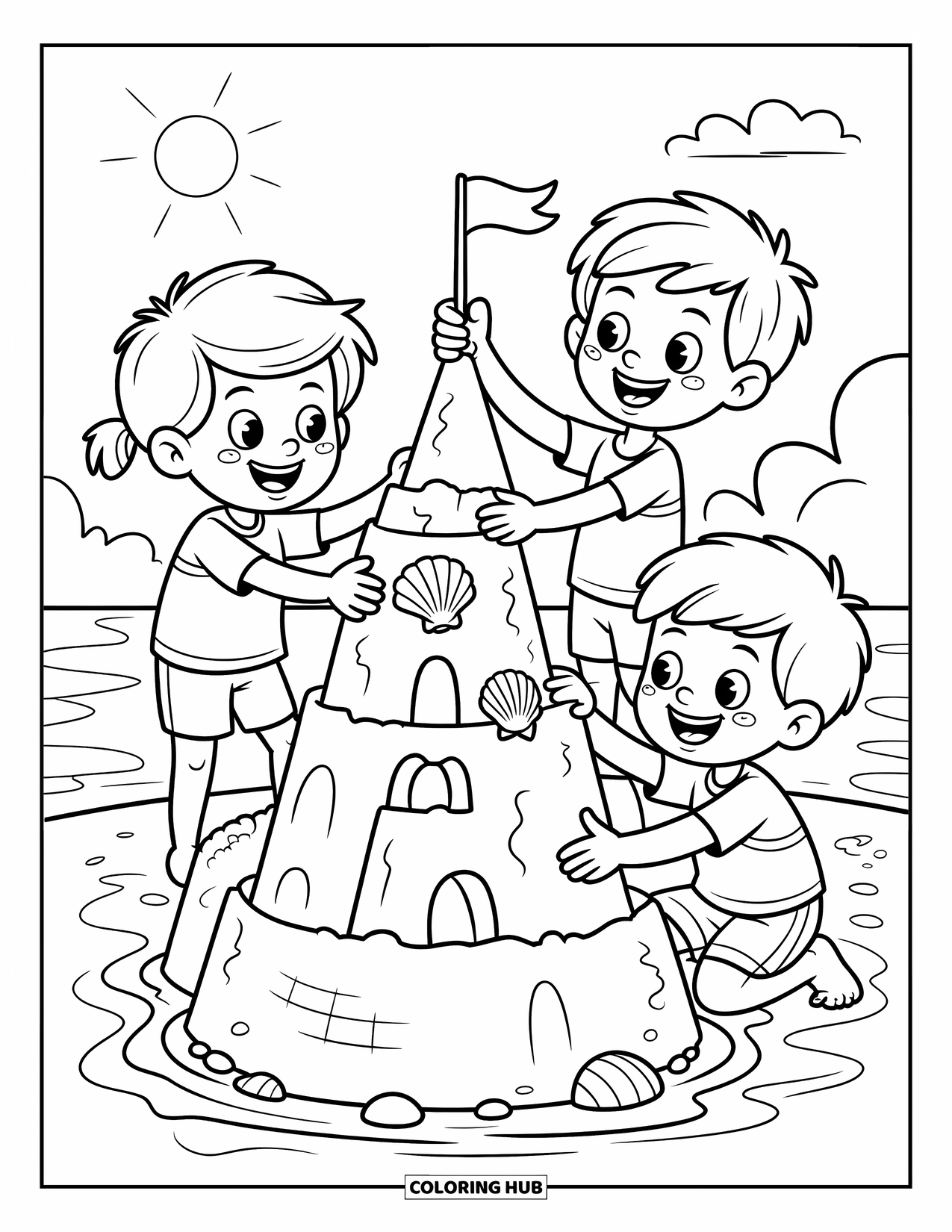 Friendship Coloring Page for Kids: Three kids build a sandcastle with seashells, flags, and laughter on a sunny beach