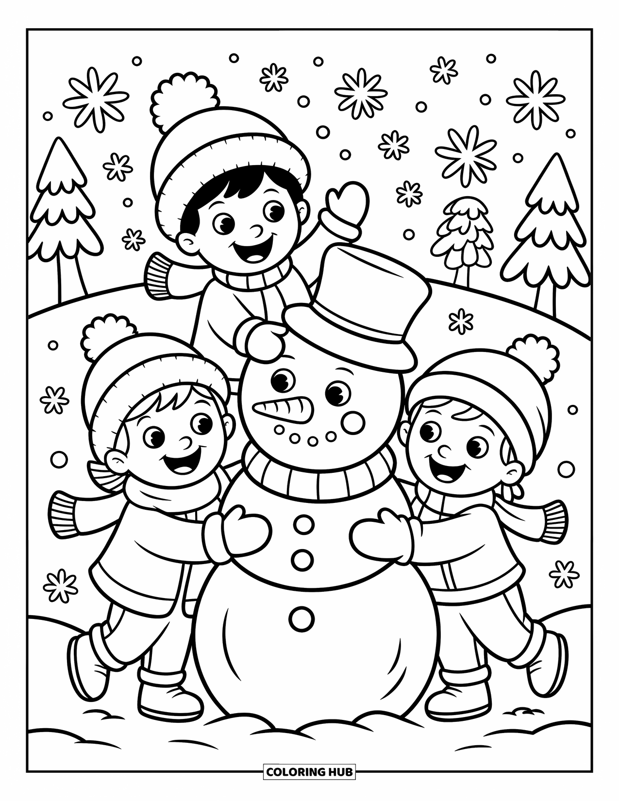 Friendship Coloring Page for Kids: Three kids build a snowman, surrounded by trees, snowflakes, and winter giggles