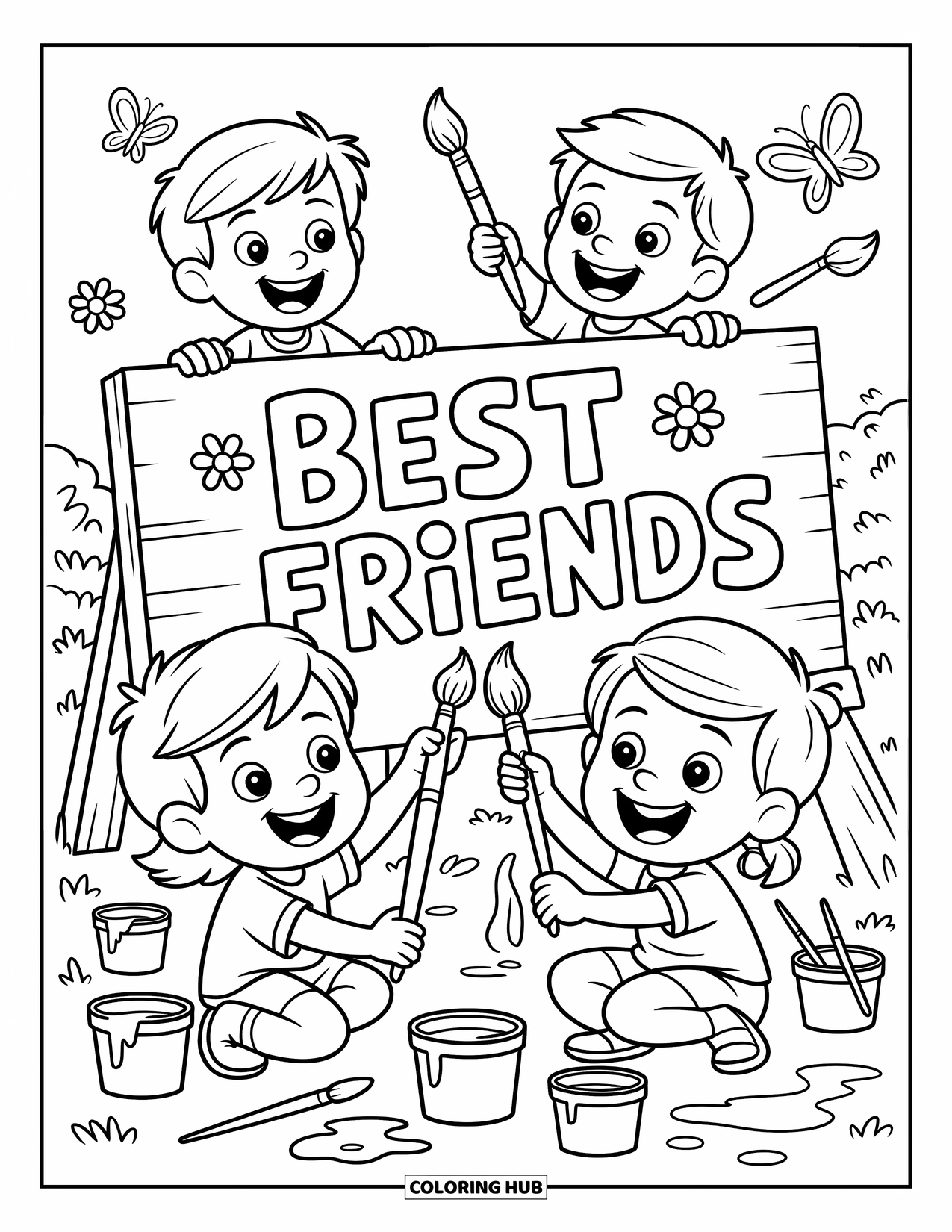 Friendship Coloring Page for Kids: Three kids paint a "Best Friends" sign together, surrounded by flowers and butterflies