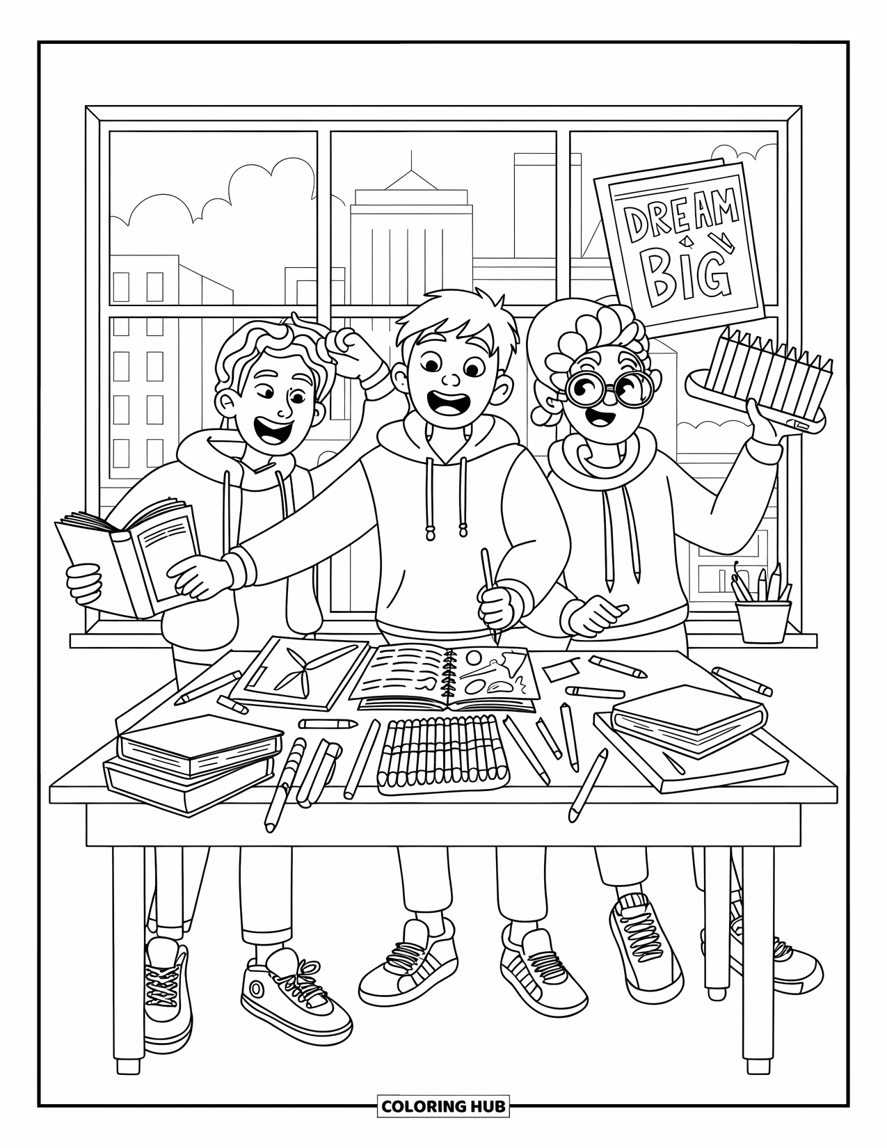 Friendship Coloring Page for Kids: Three teens work together on a project, surrounded by books, sketches, and creative supplies