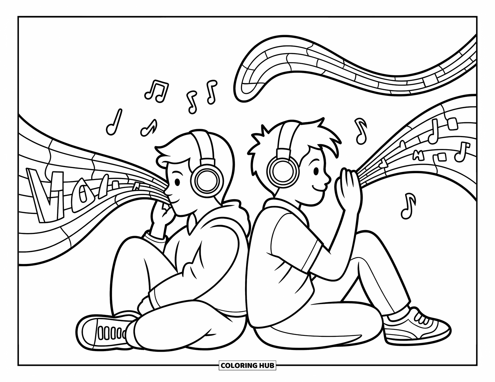 Friendship Coloring Page for Kids: Two friends sit back-to-back, lost in their own music with playful sound waves
