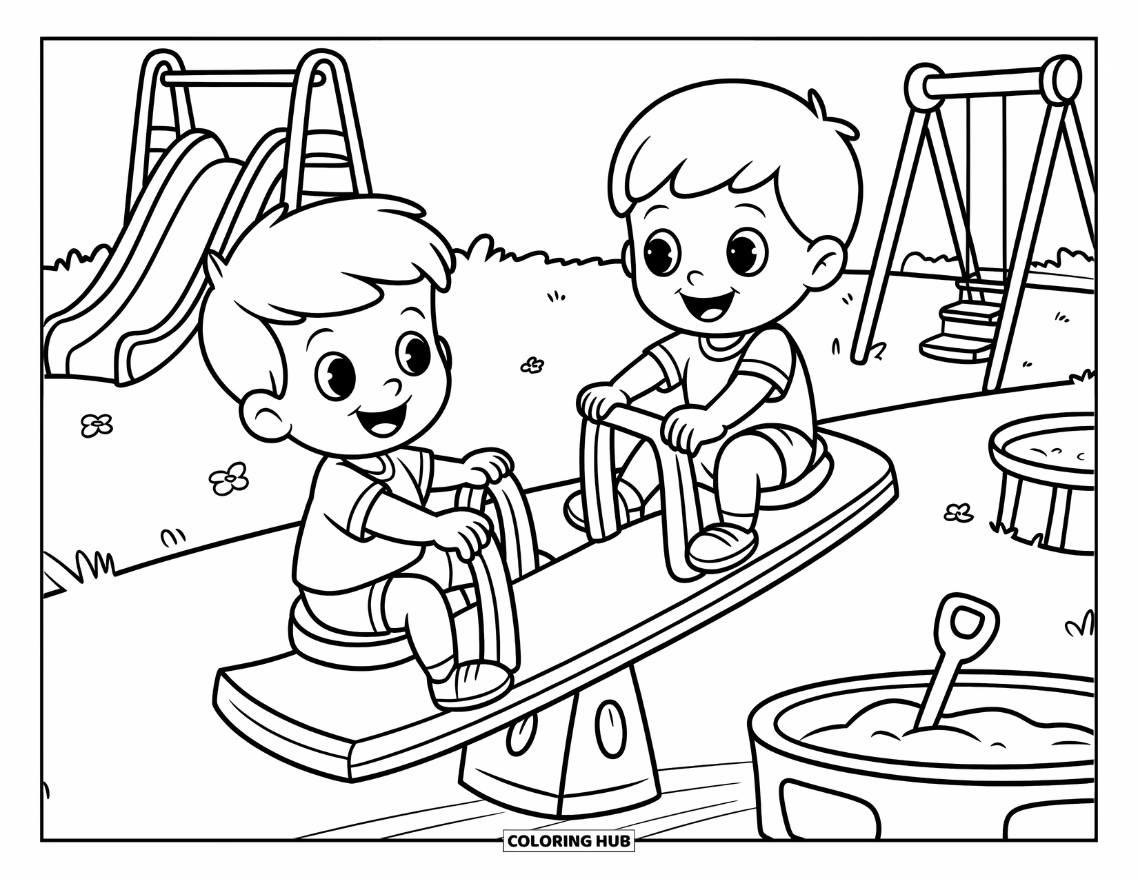 Friendship Coloring Page for Kids: Two happy kids ride a see-saw at the playground, smiling with swings and slides nearby