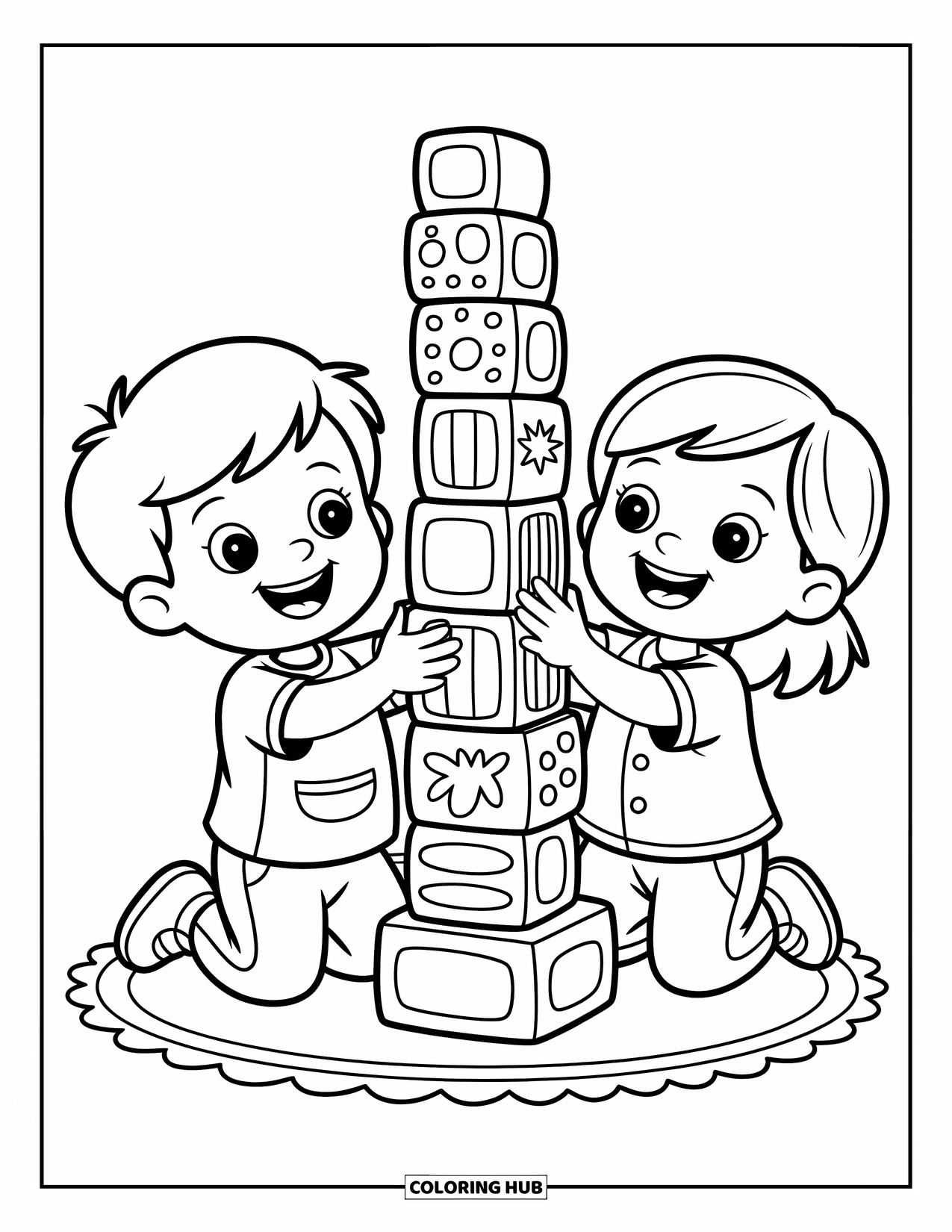 Friendship Coloring Page for Kids: Two kids build a tall block tower with fun patterns and happy teamwork